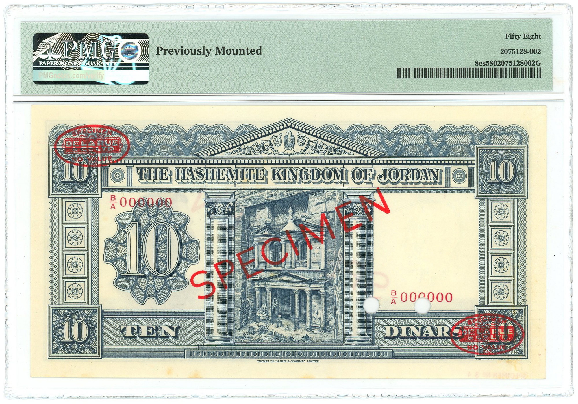 1439 - Jordan 10 Dinars 1952 (ND) Specimen PMG 58 Choice About UNC