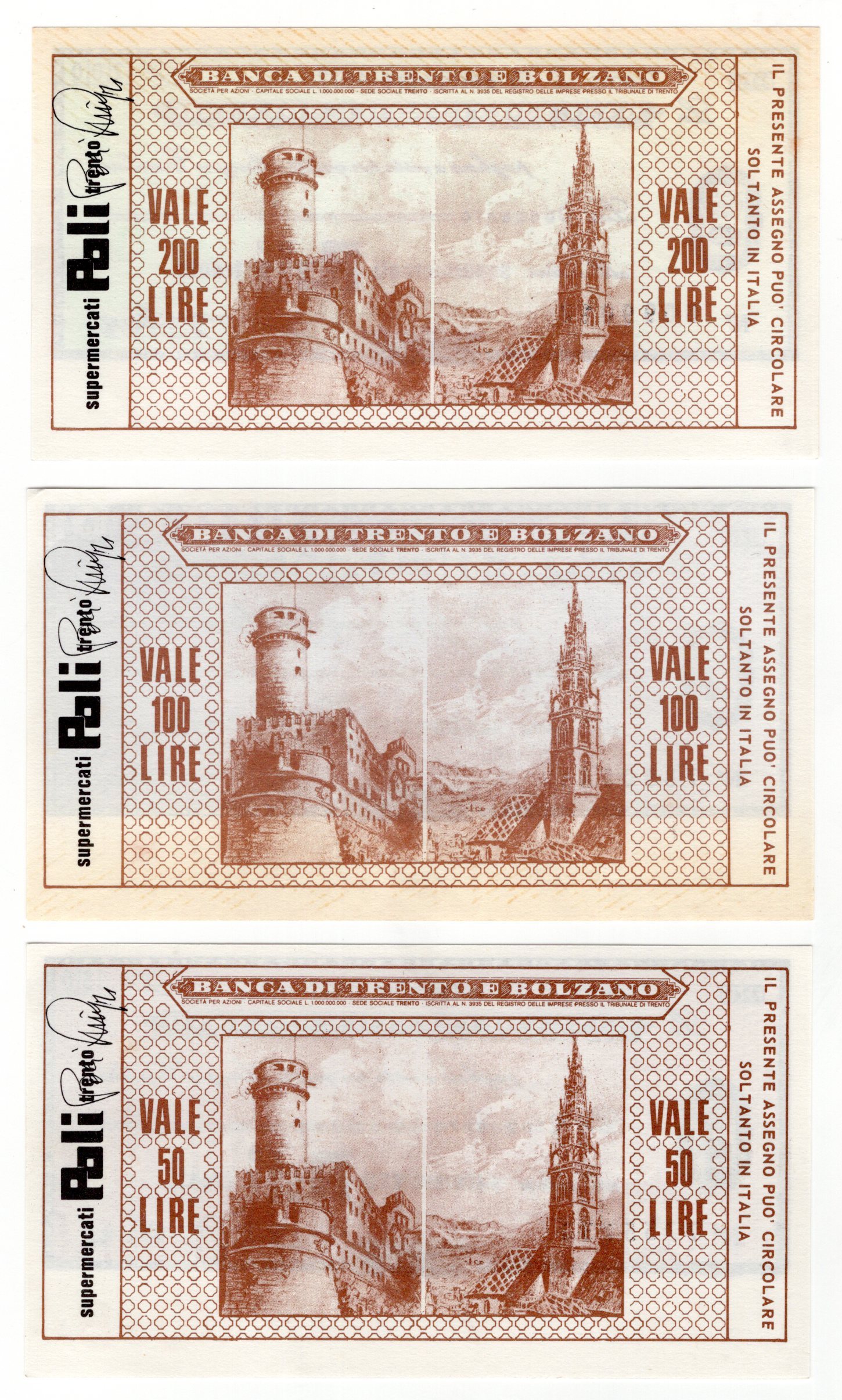 1944 - Italy Check Banca Di Trento e Bolzano 50 - 100 - 200 Lire 1977