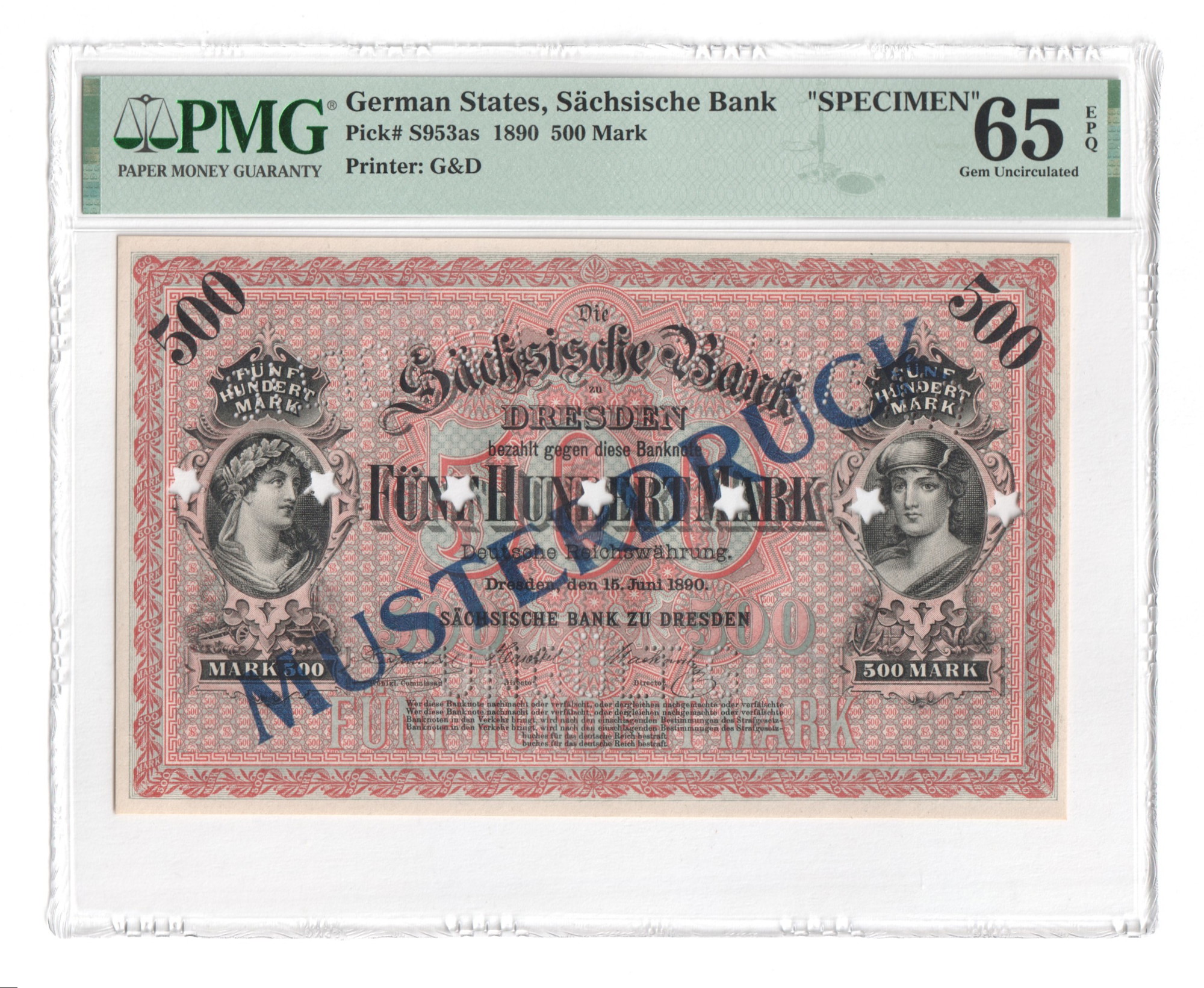 German States Dresden Sachsische Bank 500 Mark 1890 Specimen PMG 65 EPQ |  Katz Auction