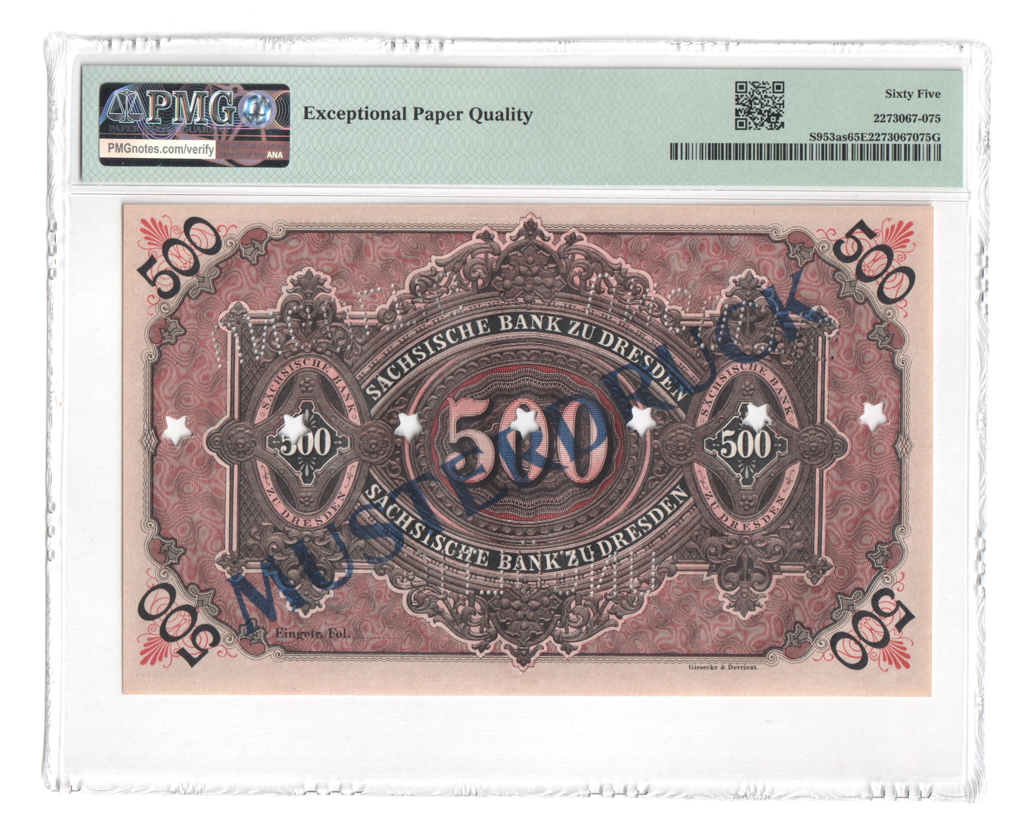 German States Dresden Sachsische Bank 500 Mark 1890 Specimen PMG 65 EPQ |  Katz Auction
