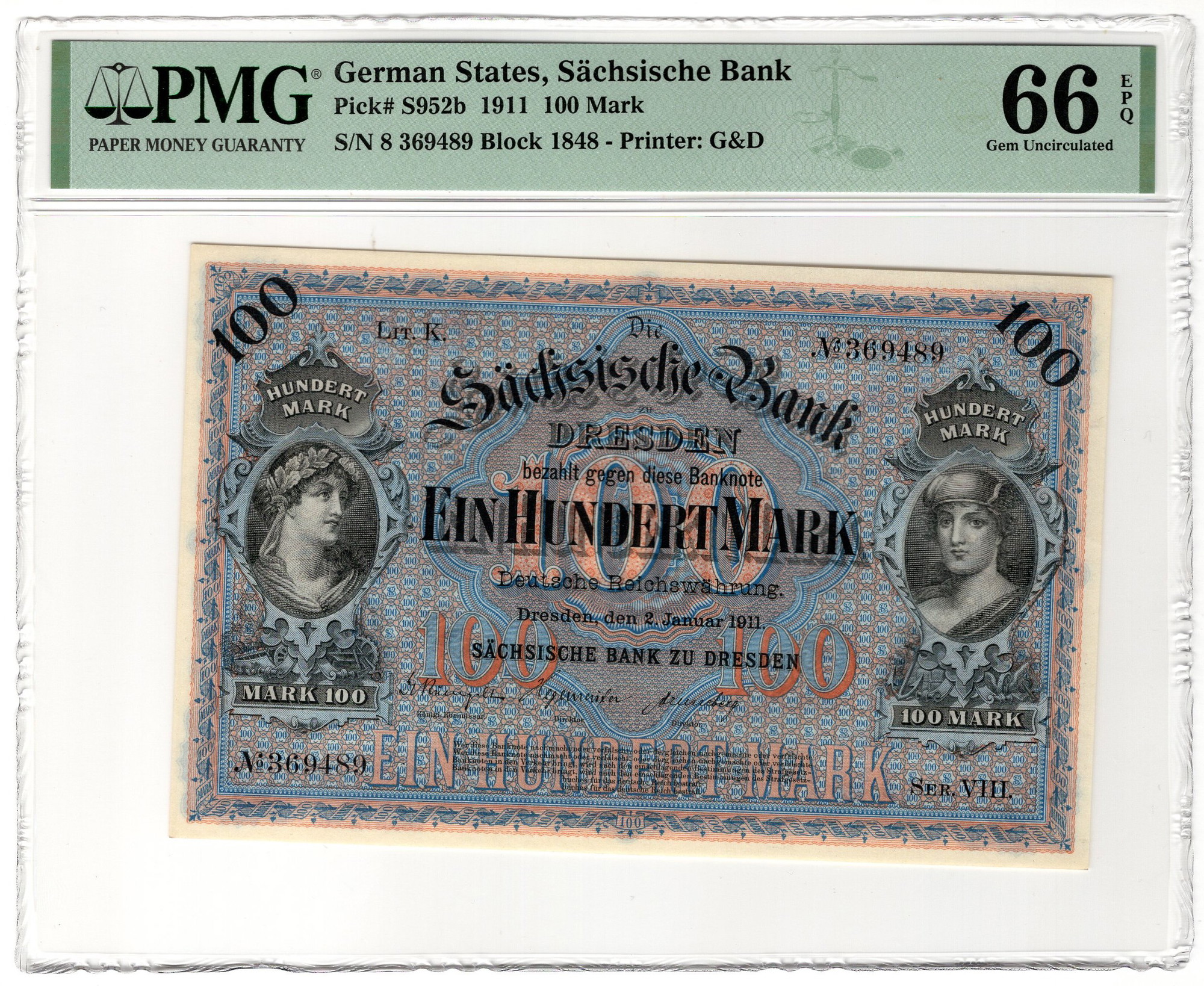 German States Dresden Sachsische Bank 500 Mark 1890 Specimen PMG 65 EPQ |  Katz Auction