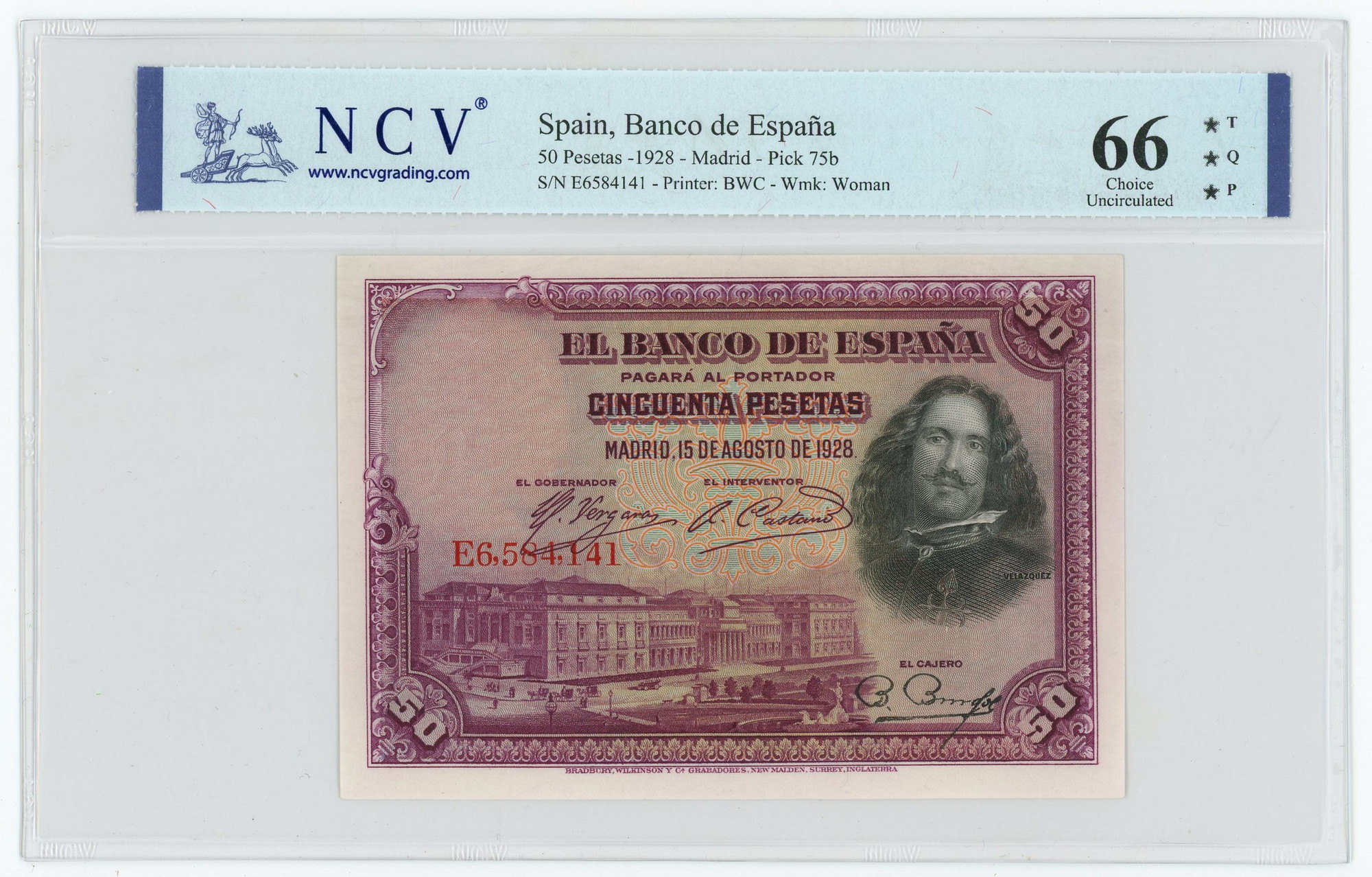 Spain 50 Pesetas 1928 NCV 66 TQP Choice Uncirculated | Katz Auction