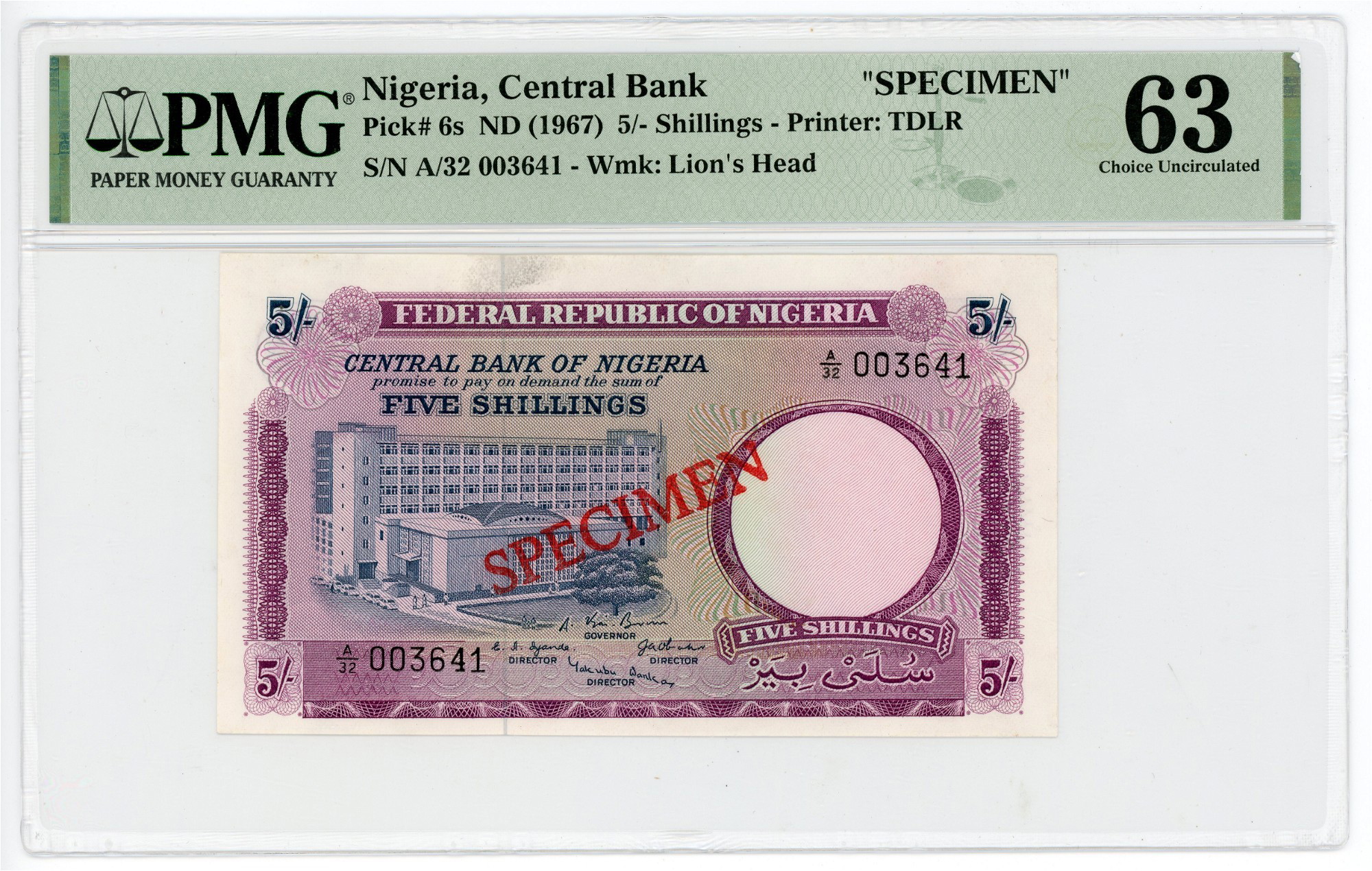 Nigeria 5 Shillings 1967 (ND) Specimen PMG 63 Choice Uncirculated | Katz  Auction