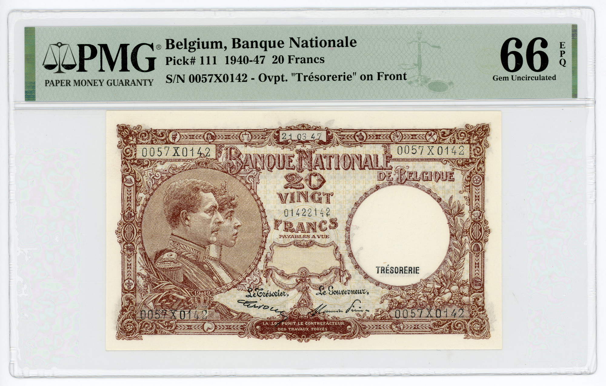 Belgium 20 Francs 1940 -1947 PMG 66 EPQ | Katz Auction