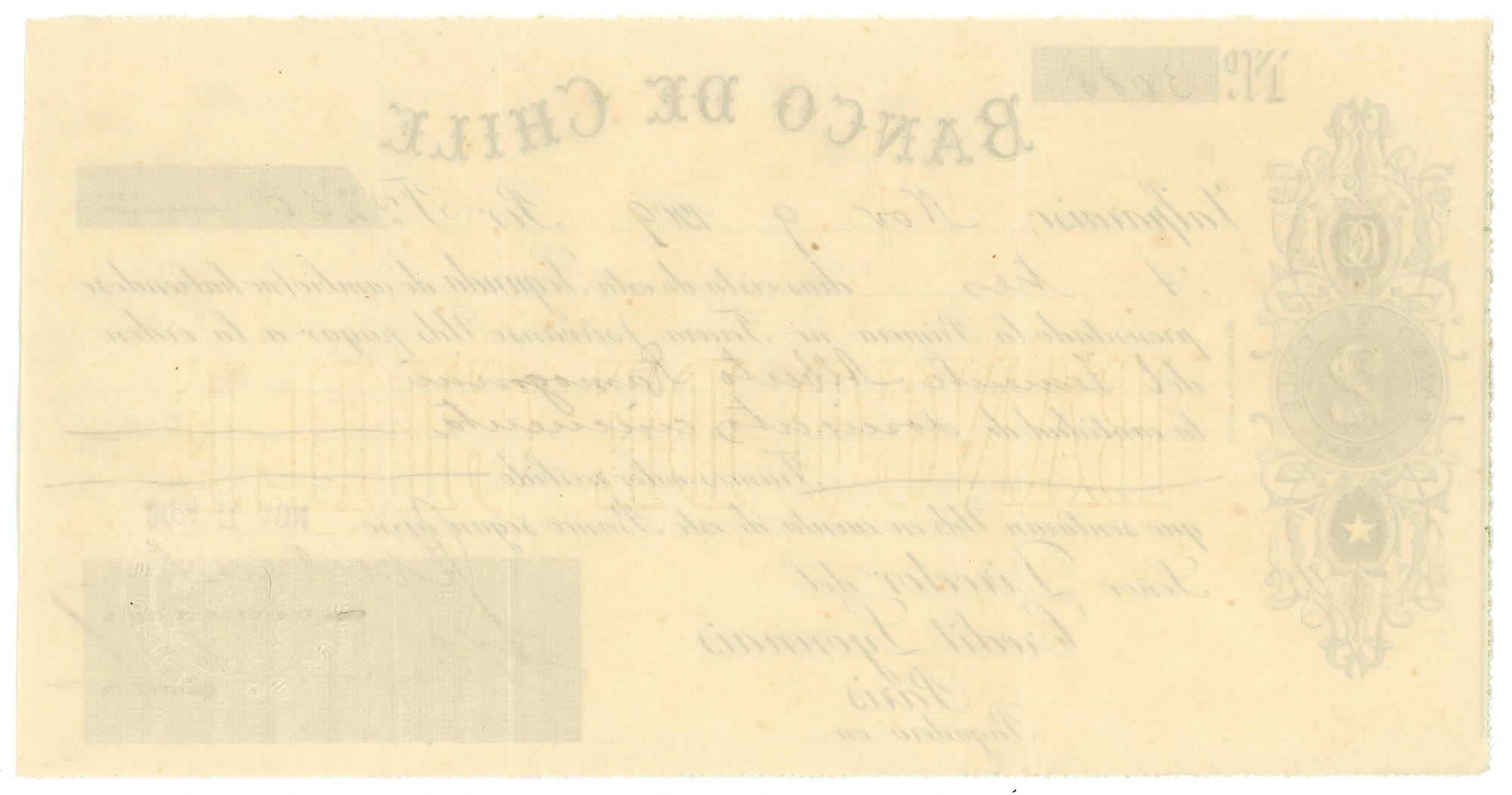 2683 - Chile Banco de Chile Bill of Exchange for 250 Francs Valparaiso 1909