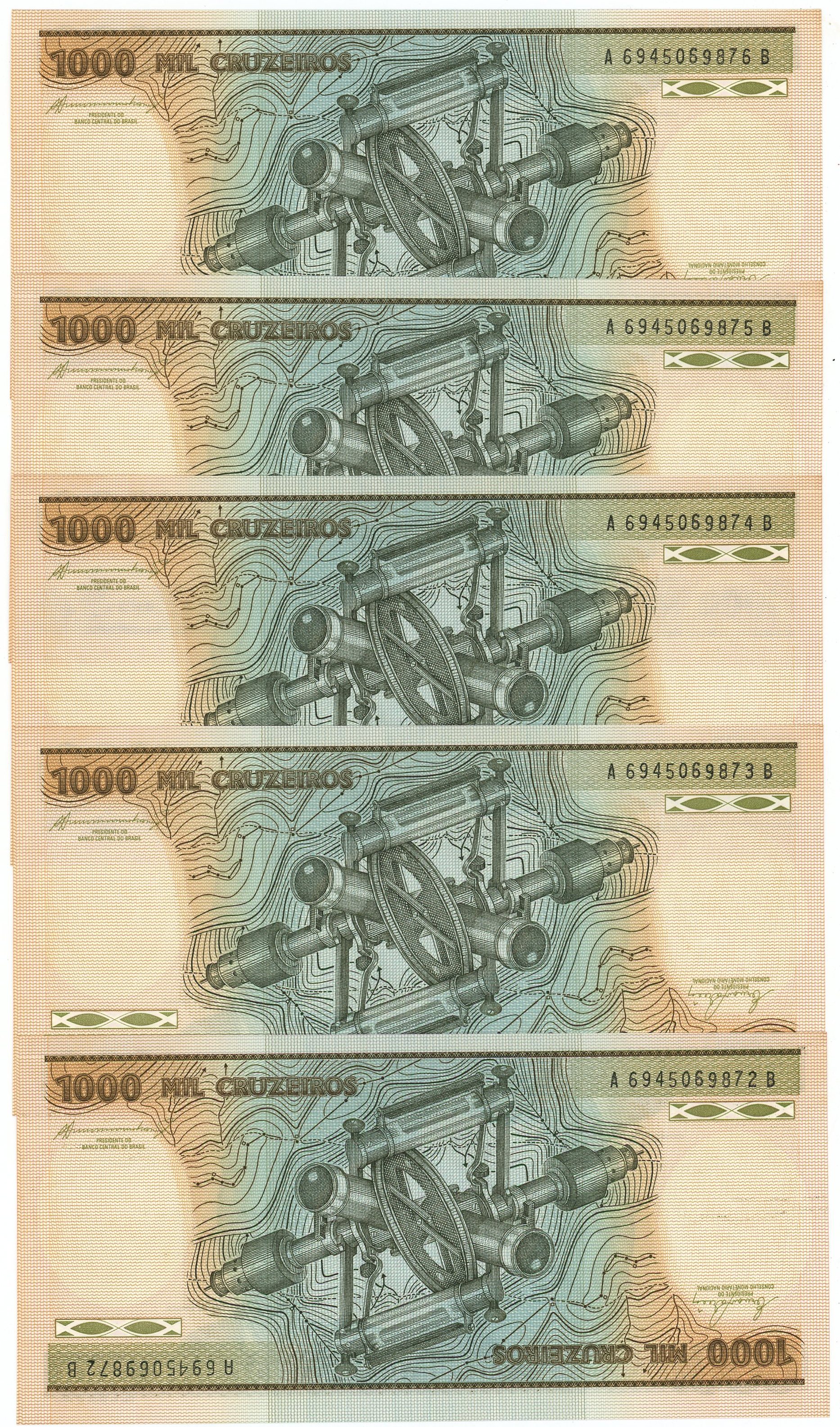2620 - Brazil 5 x 1000 Cruzeiros 1985 (ND) Consecutive Numbers