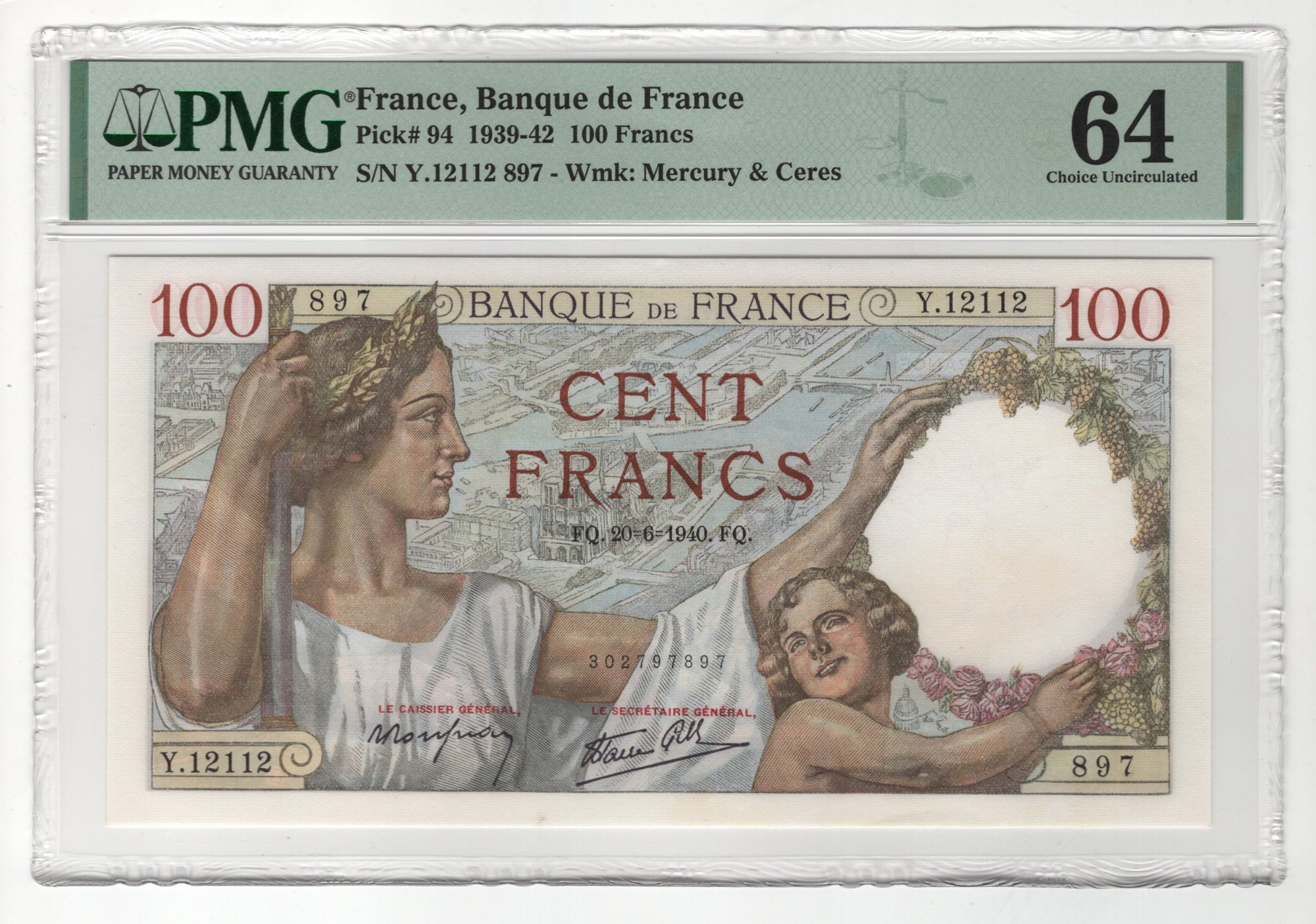 France 100 Francs 1940 PMG 64 Choice Uncirulated | Katz Auction