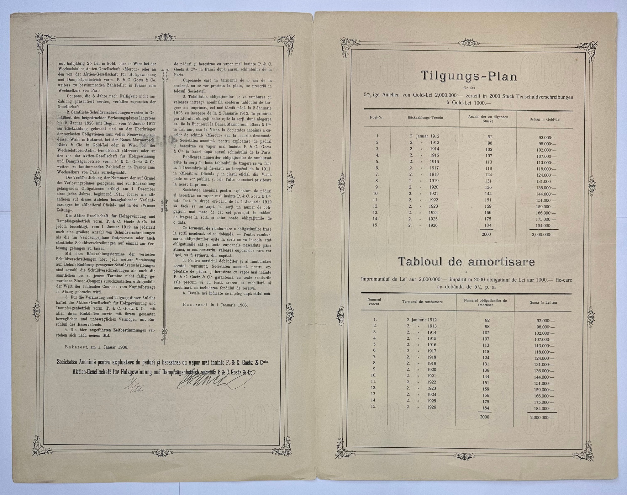 1299 - Romania "P&G Goetz & Co" Imrpumut de 5% Gold Bond Loan 1000 Lei 1905