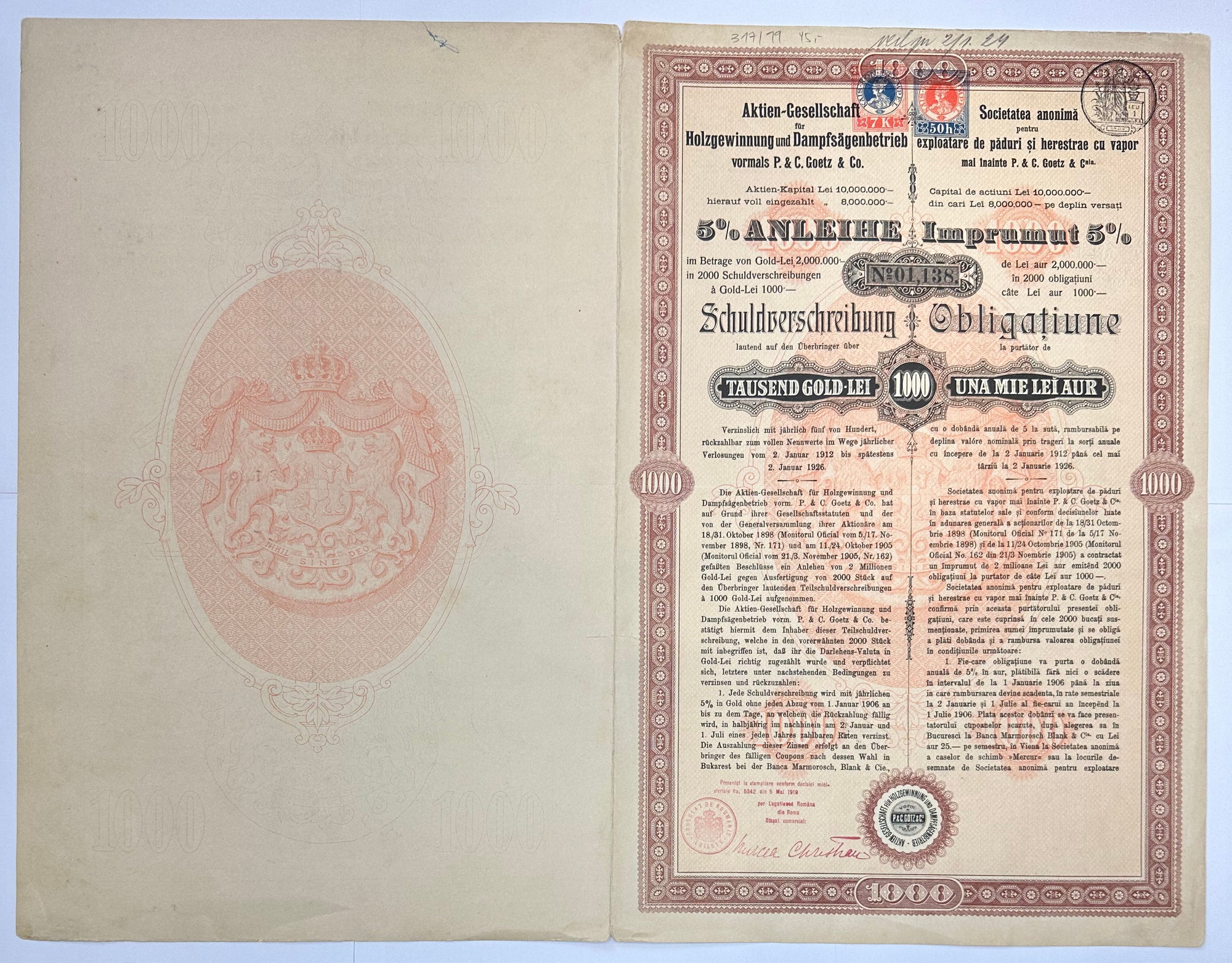 1299 - Romania "P&G Goetz & Co" Imrpumut de 5% Gold Bond Loan 1000 Lei 1905
