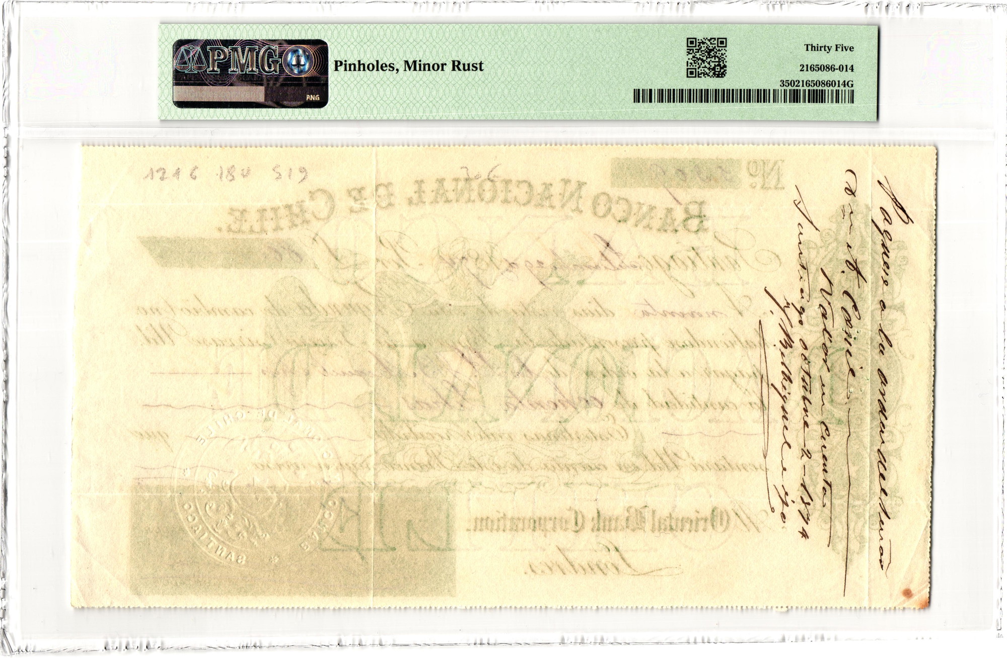 2430 - Chile Banco Nacional de Chile Santiago Bill of Exchange for £80 PMG 35 Choice Very Fine 1874
