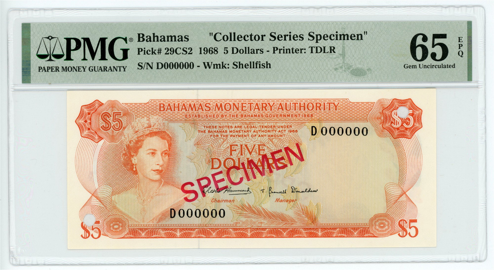 Bahamas 5 Dollars 1968 Collector Series Specimen PMG 65 EPQ Gem  Uncirculated | Katz Auction