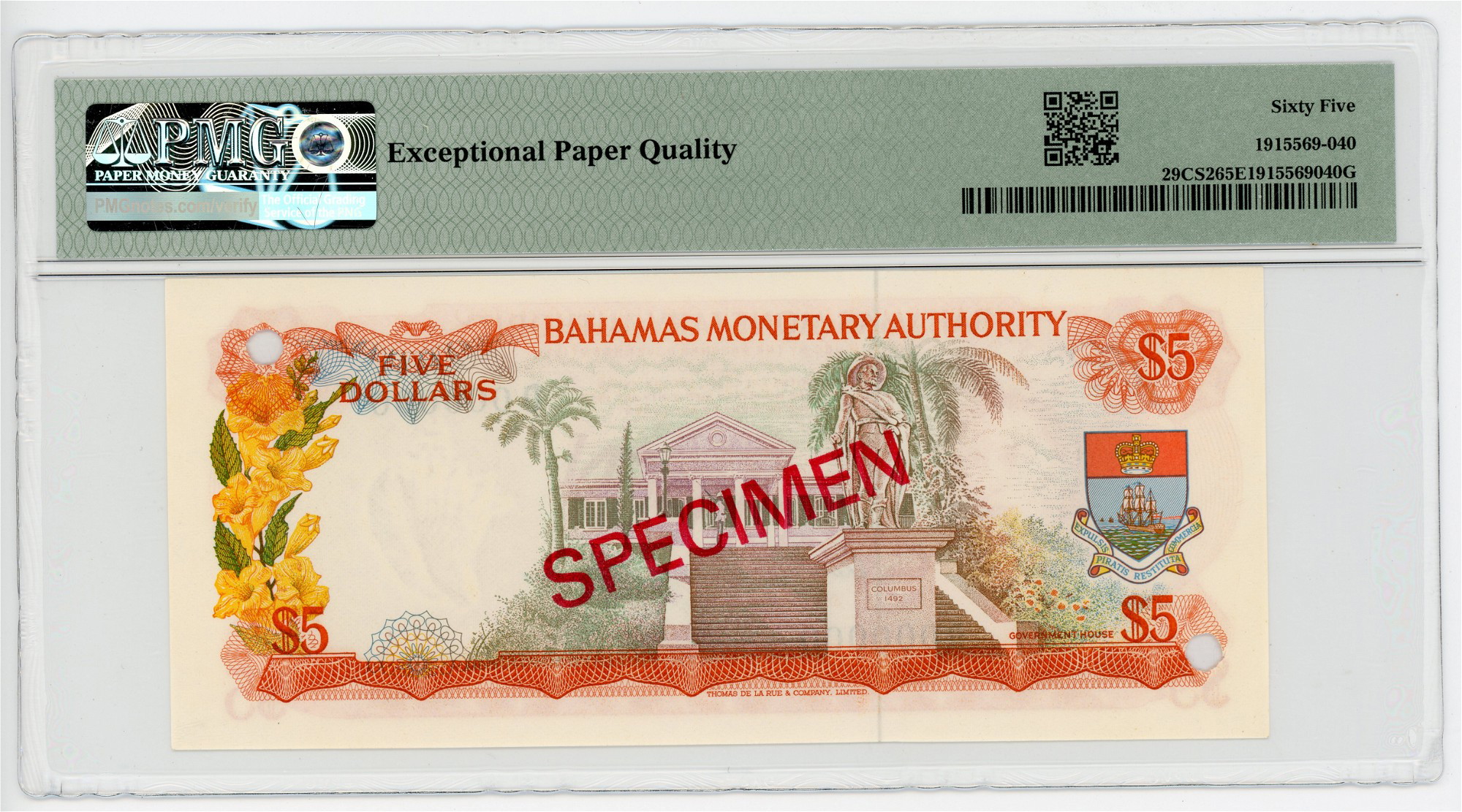 2388 - Bahamas 5 Dollars 1968 Collector Series Specimen PMG 65 EPQ Gem Uncirculated