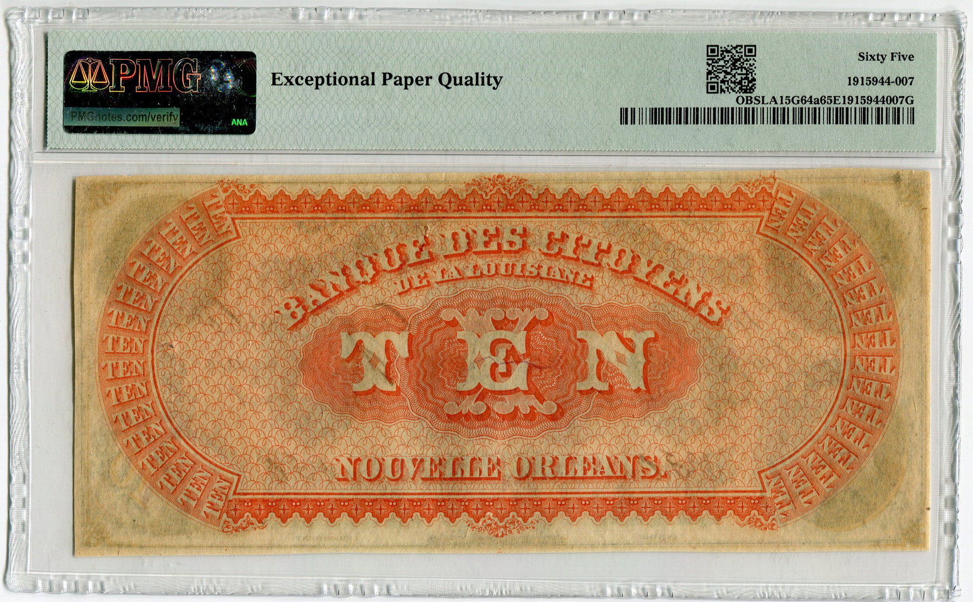 3769 - United States Louisiana, Shvereport 10 Dollars 1860 PMG 65EPQ Gem Uncirculated