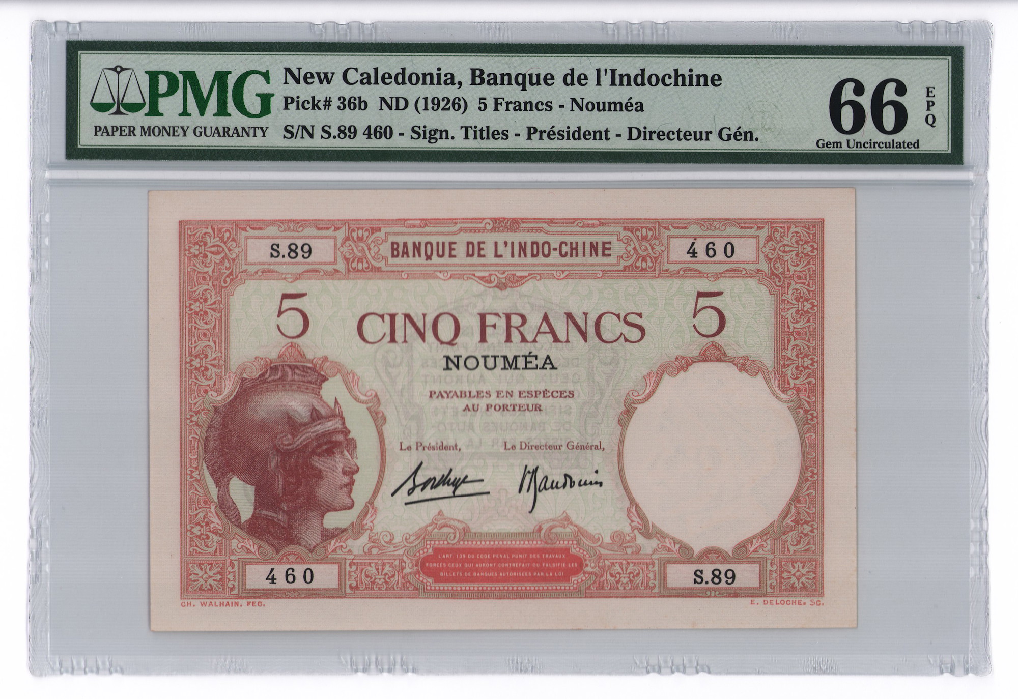 New Caledonia 5 Francs 1926 (ND) PMG 66 EPQ | Katz Auction