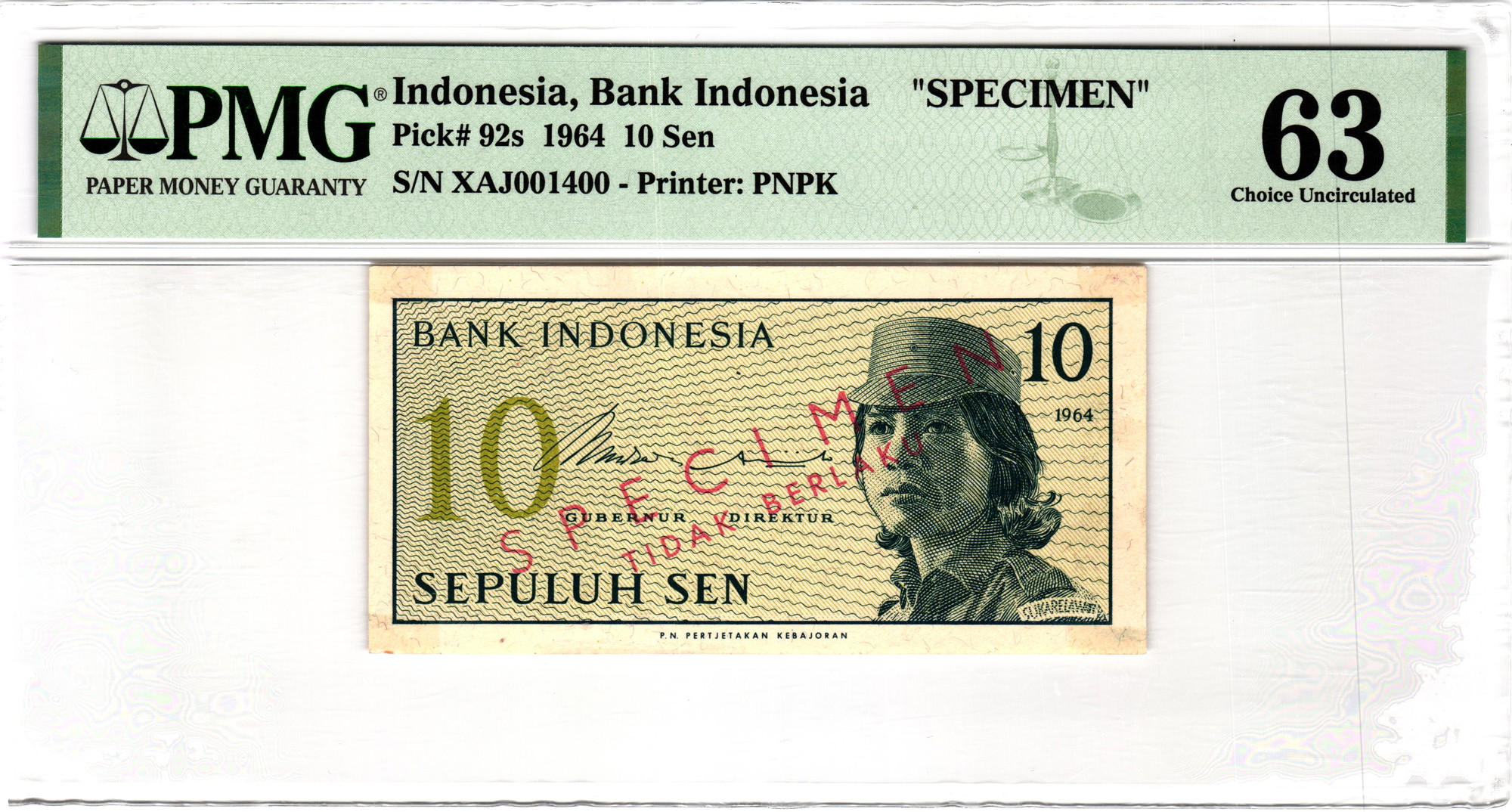 Indonesia 10 Sen 1964 Specimen PMG 63 Choice Uncirculated | Katz Auction