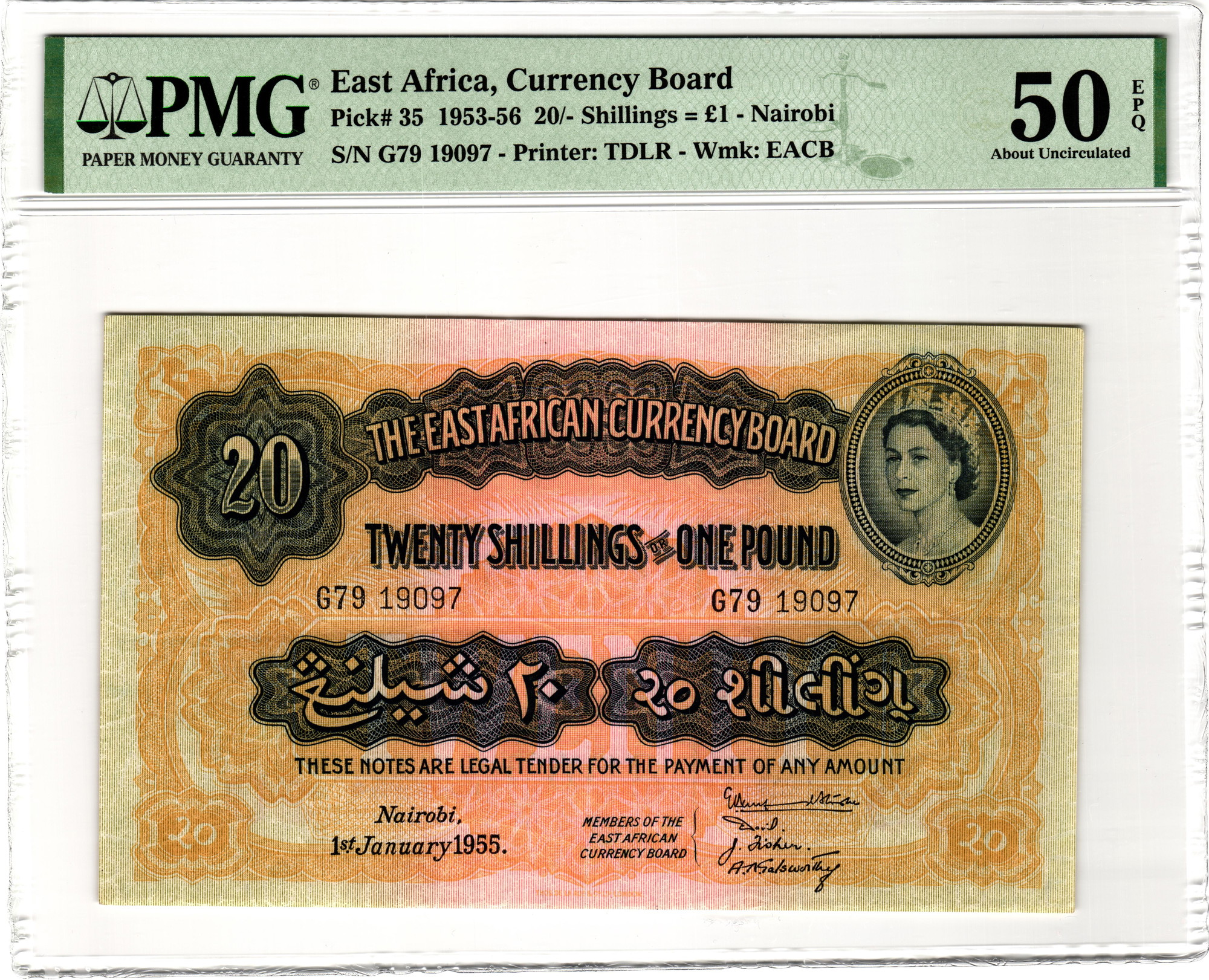 East Africa 20 Shillings - 1 Pound 1955 PMG 50 About Uncirculated | Katz  Auction