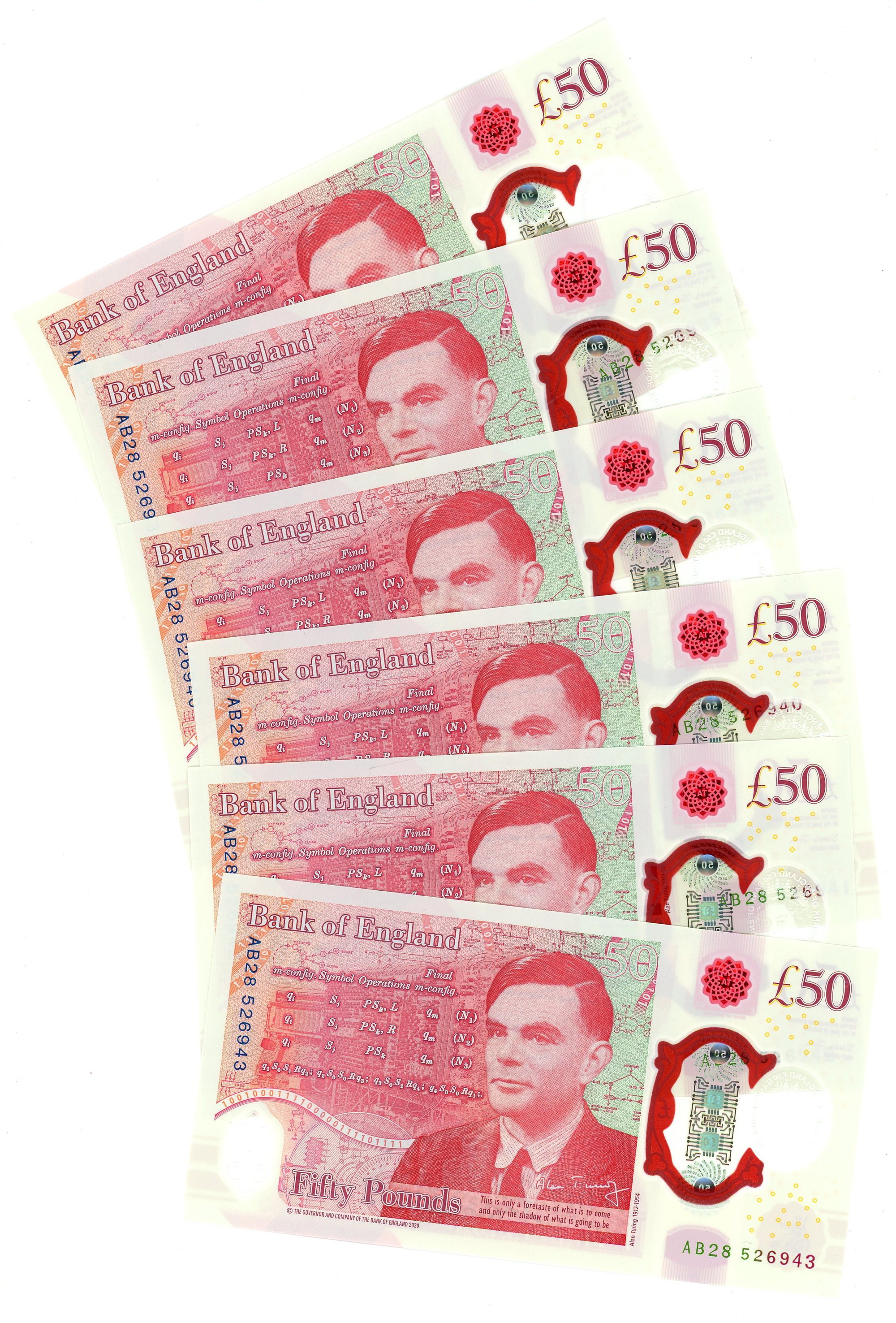 2800 - England 6 x 50 Pounds 2021 - 2023 (ND) Consecutive Numbers