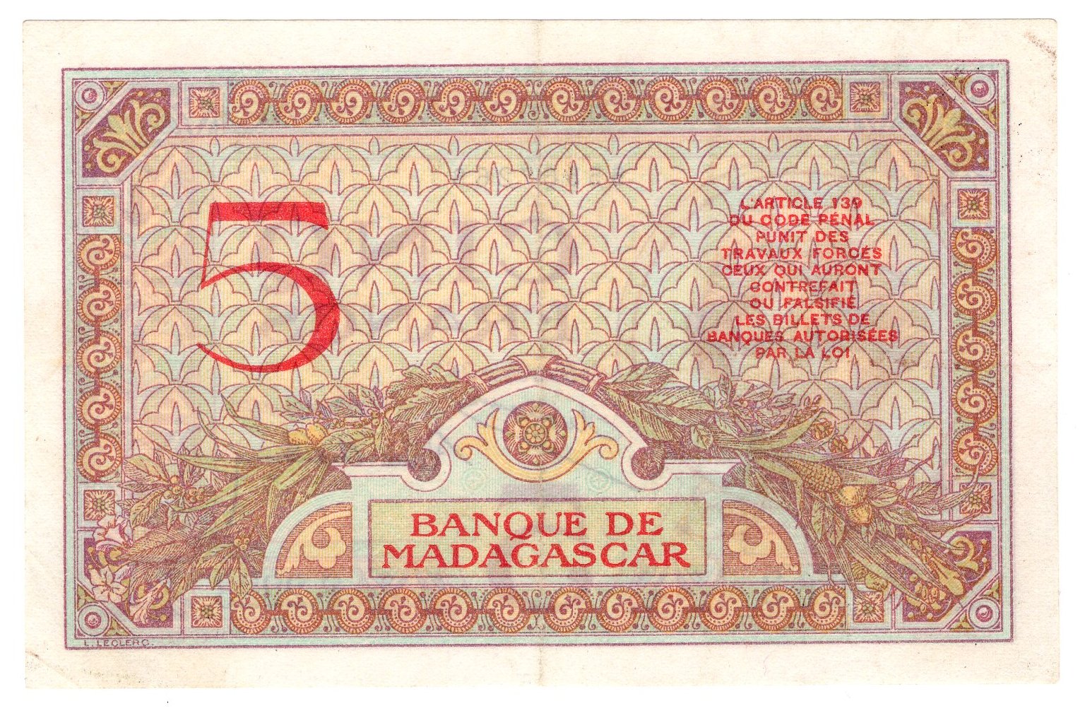 3420 - Madagascar 5 Francs 1937 (ND)