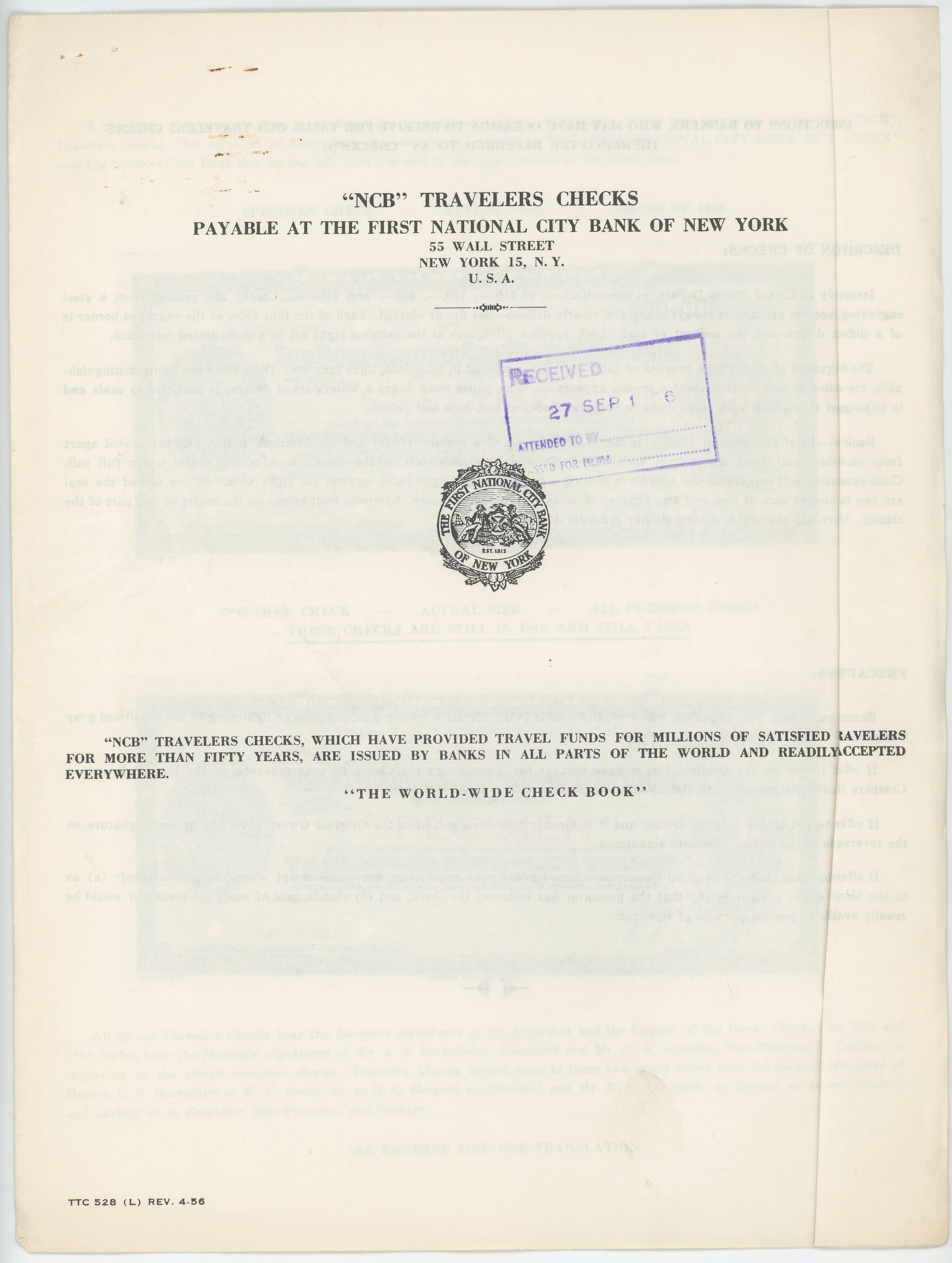 4163 - United States 2 x 20 Dollars Checks of The First National City Bank of New York 1956 (ND) Specimen