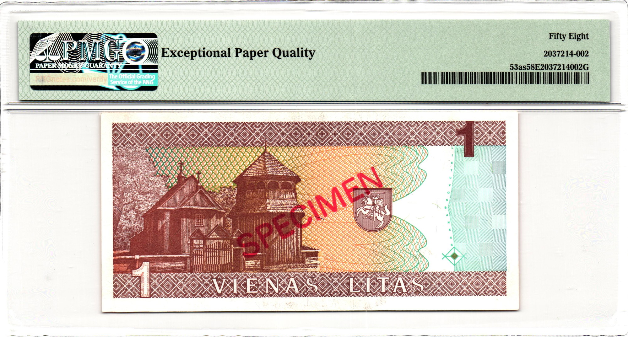 615 - Lithuania 1 Litas 1994 Specimen PMG EPQ 58 Choice About Unc