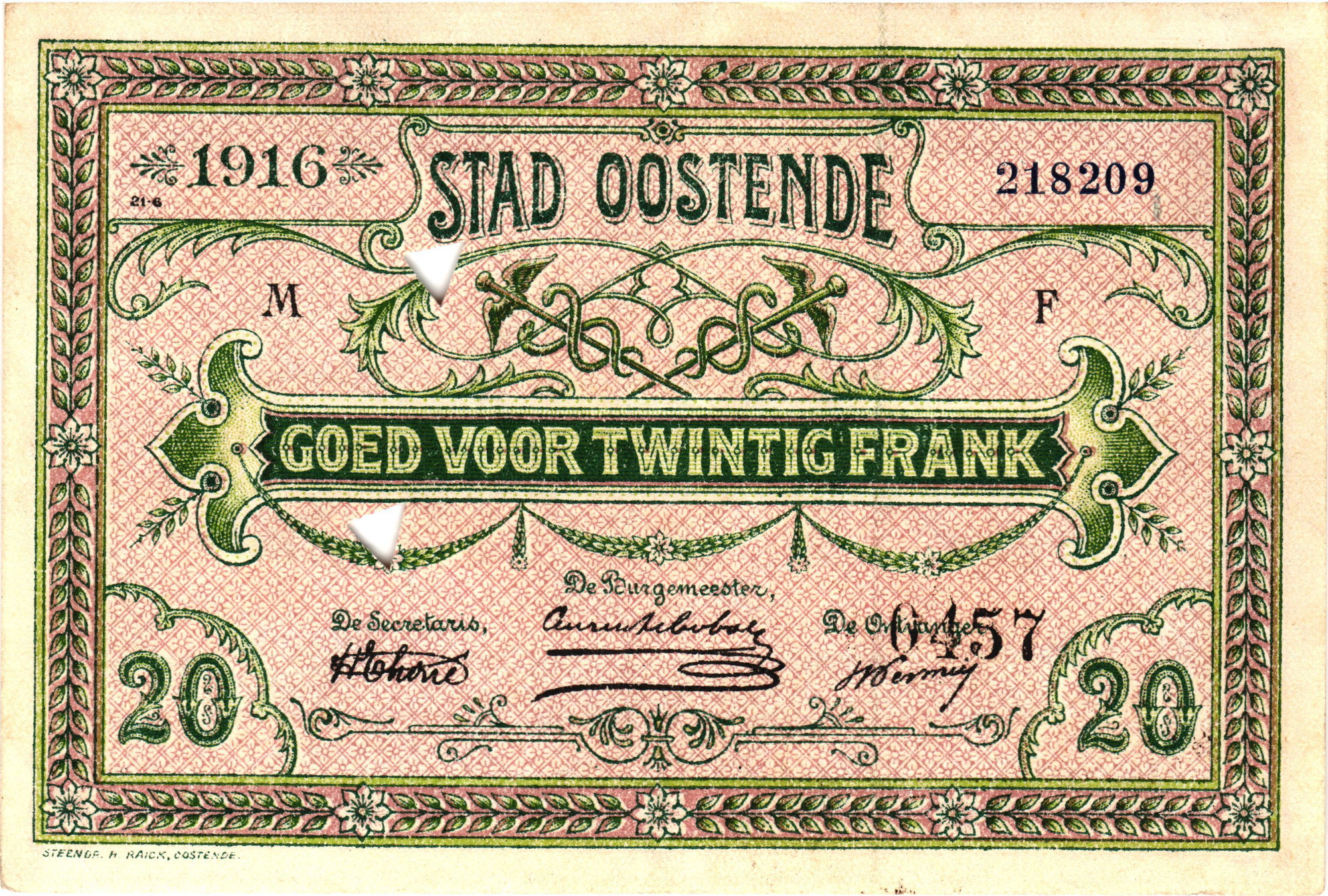 136 - Belgium Oostende 20 Frank 1916
