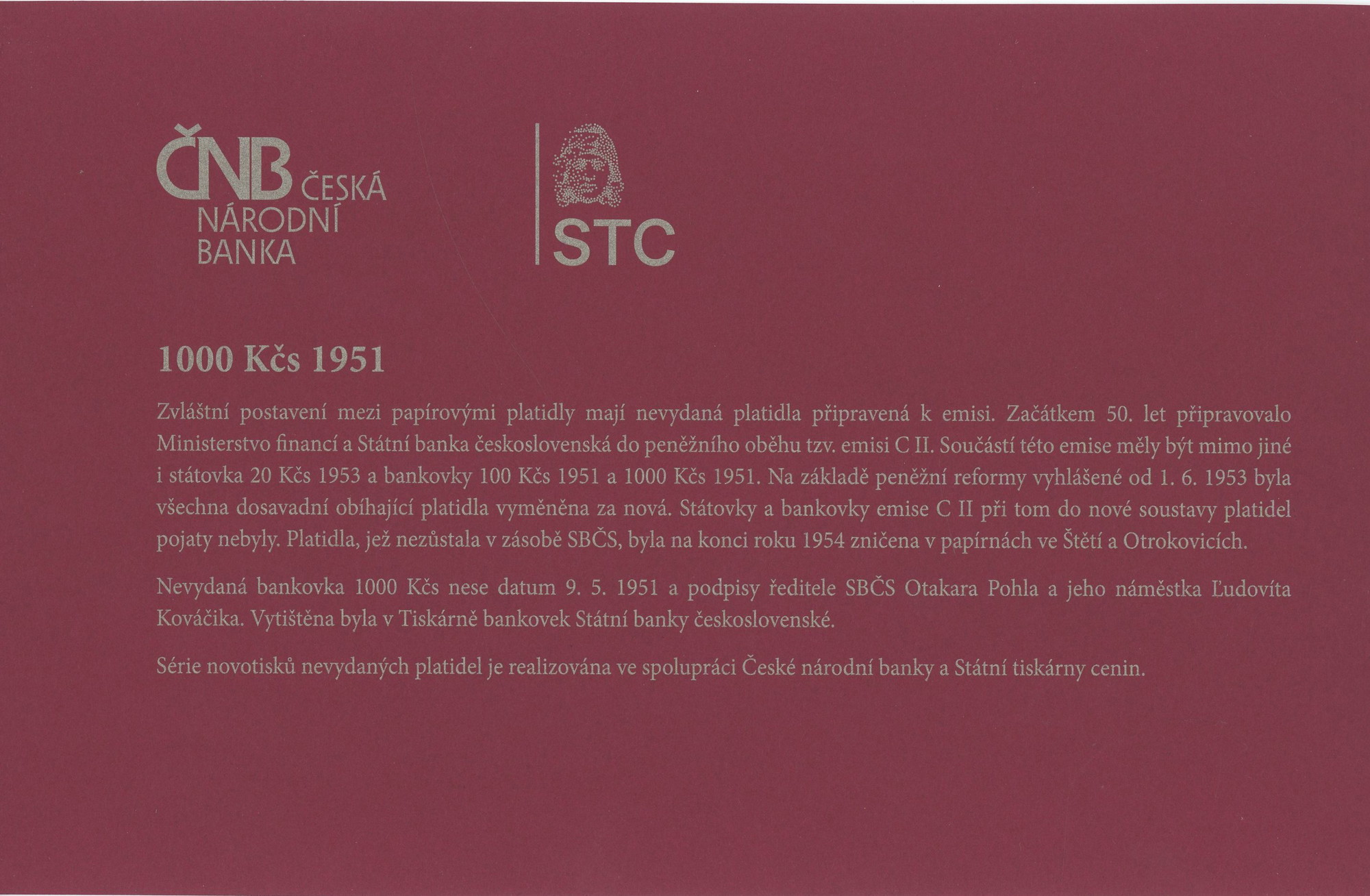 73 - Czech Republic 1000 Korun 1951 Unissued Note