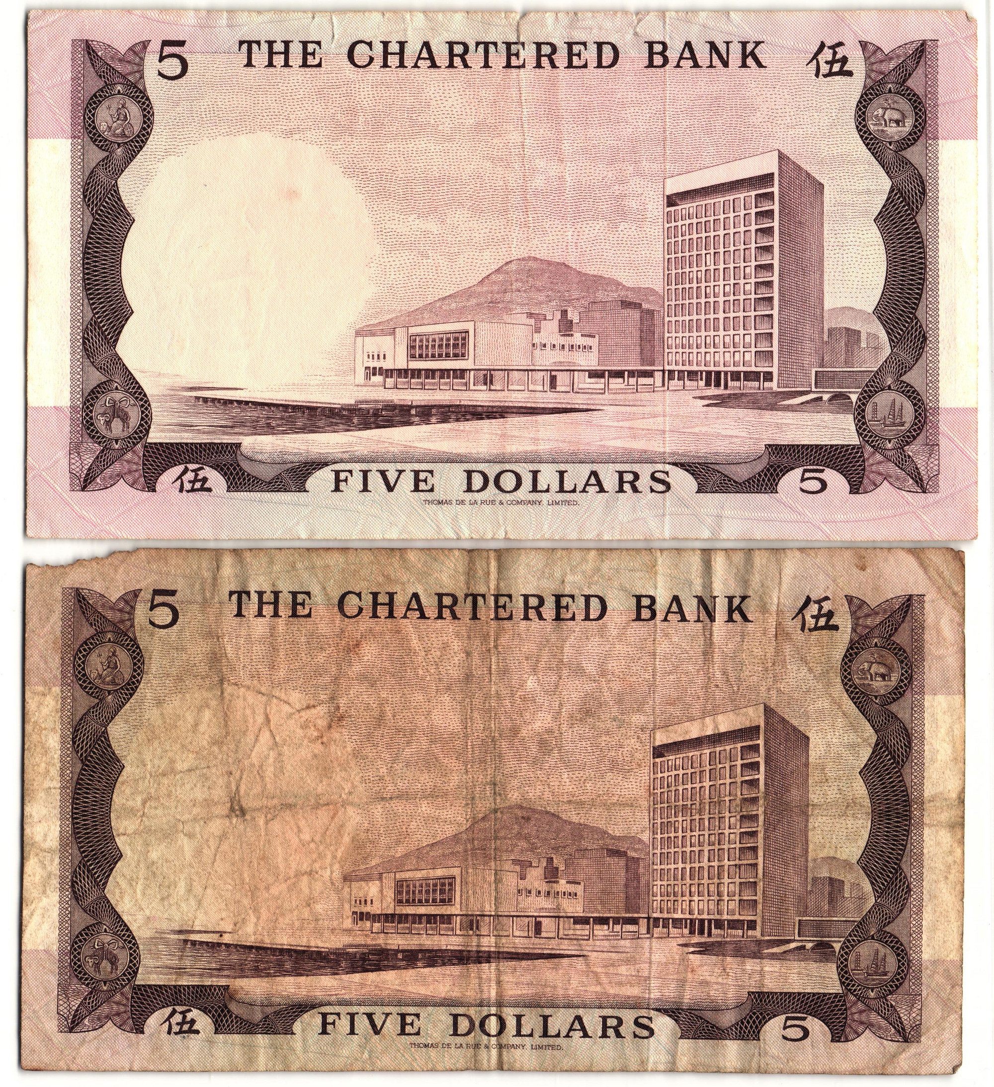376 - Hong Kong The Chartered Bank 2 x 5 Dollars 1970 - 1975 (ND) Different Signatures