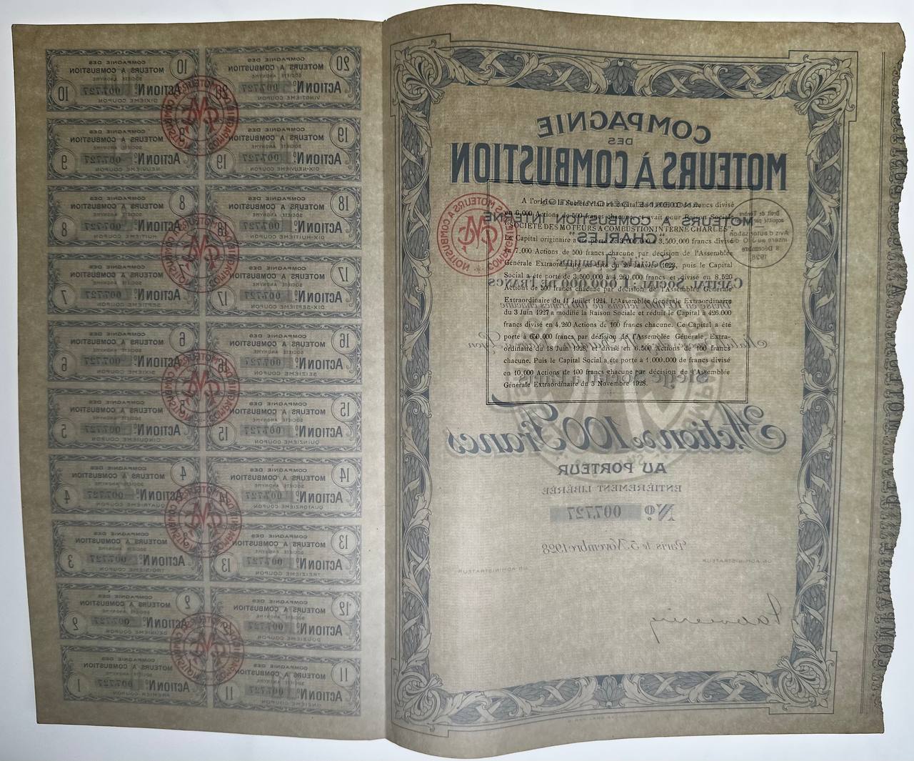 965 - France Moteurs a Combustion Share for 100 Francs 1928