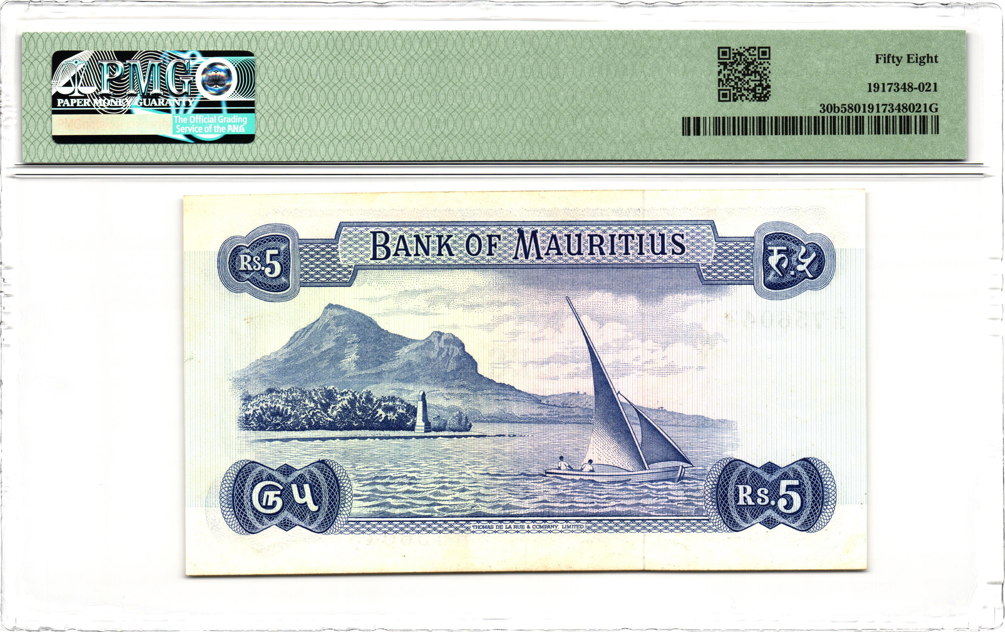 1100 - Mauritius 5 Rupees 1987 (ND) PMG 58 Choice About UNC