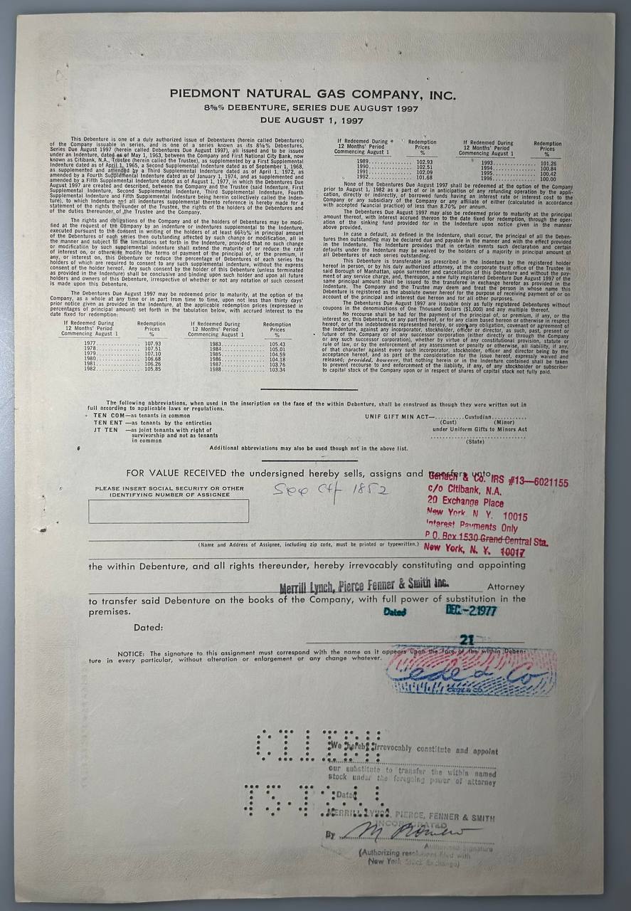 1849 - United States Piedmont Natural Gas Company Inc. Share Certificate for 100000 Dollars 1997