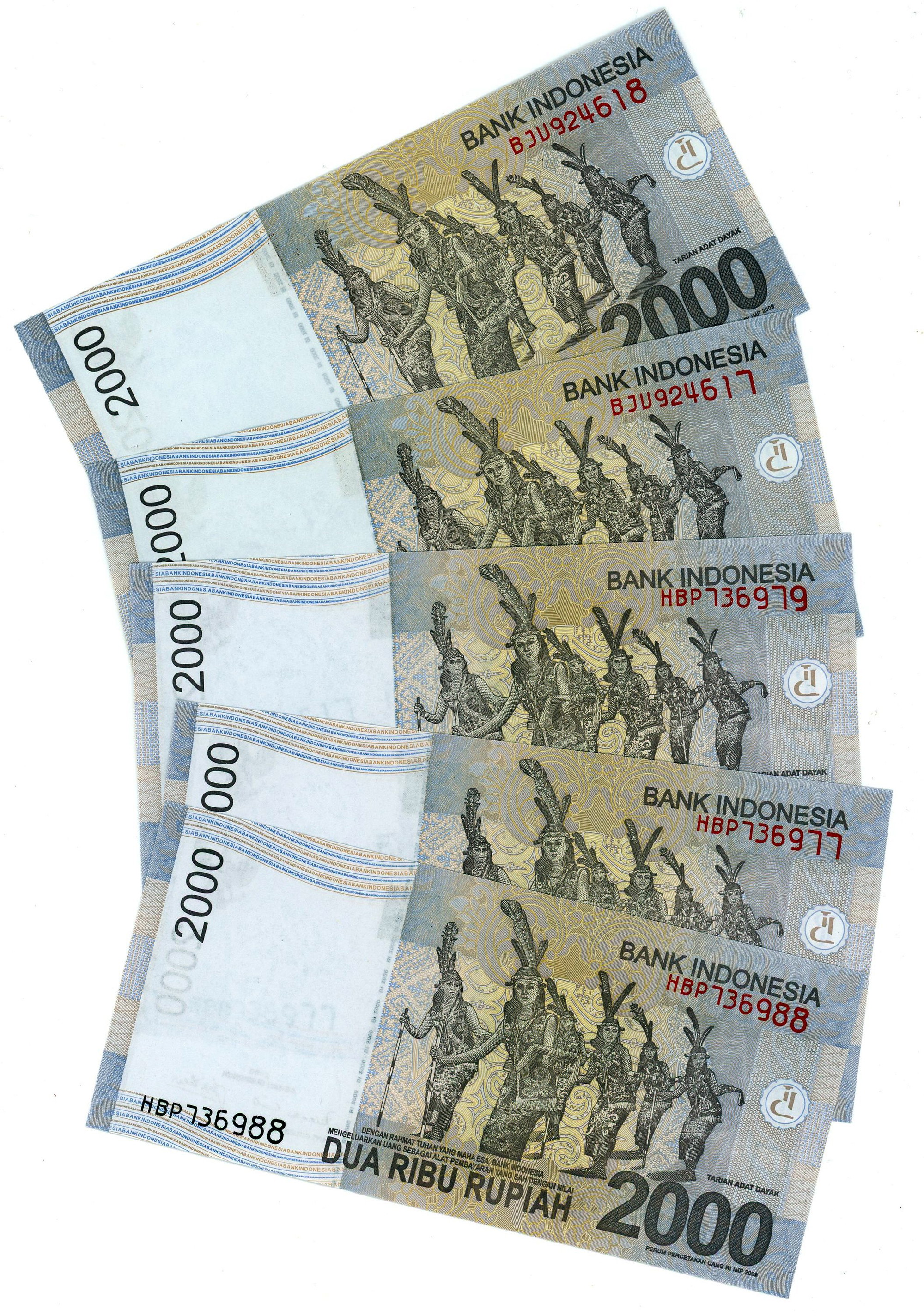 3707 - Indonesia 5 x 2000 Rupiah 2013 Some of Them Consecutive Numbers