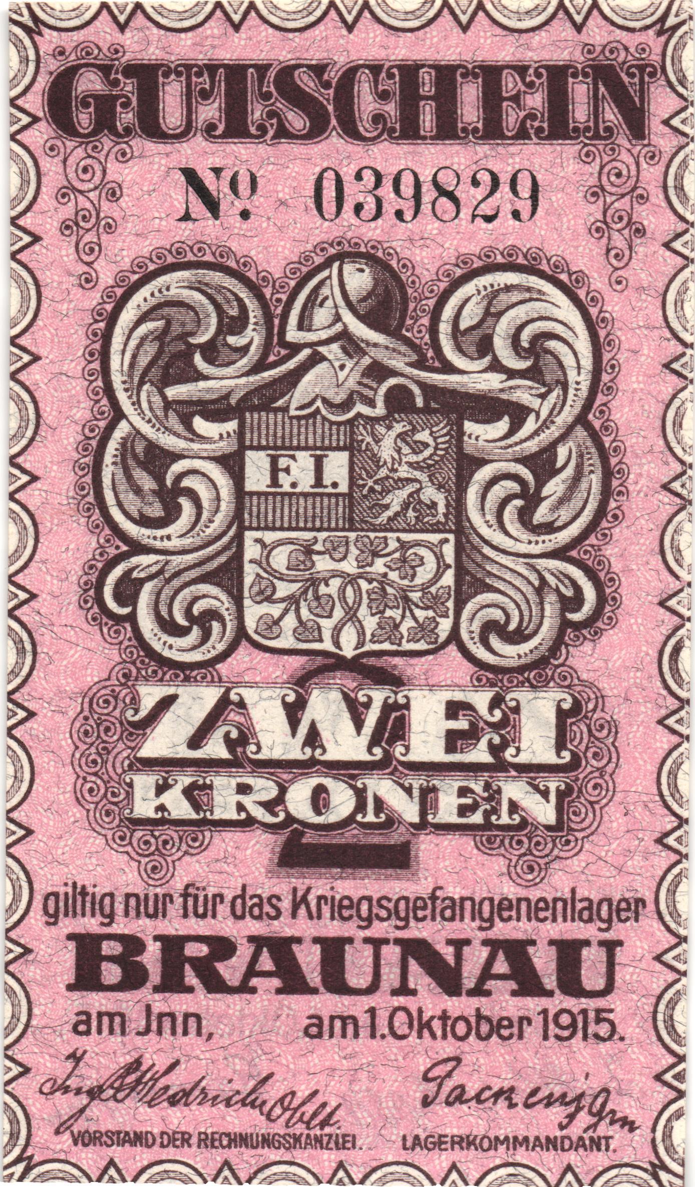 5483 - Austria Braunau 2 Kronen 1915 PoW WW I