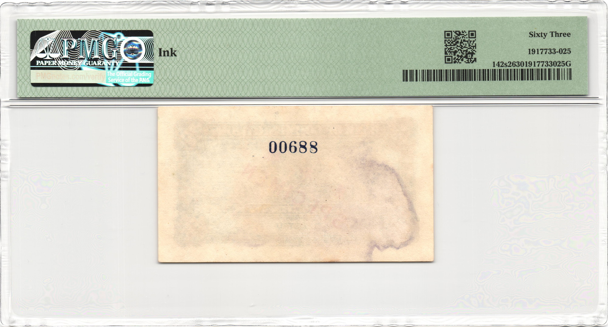 250 - China Bank of Communications 10 Cents - Tsingtau 1927 Back Specimen PMG 63