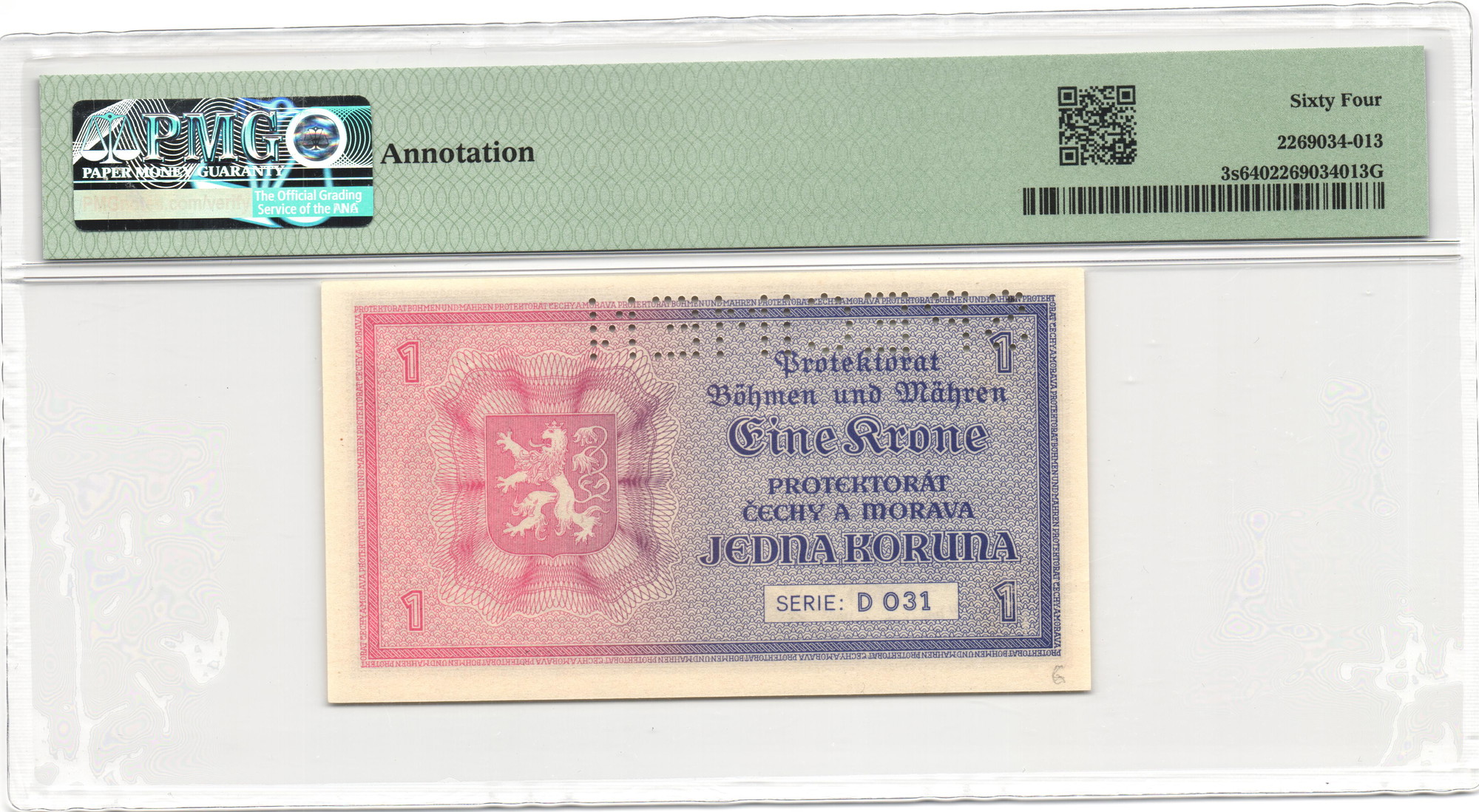 698 - Bohemia & Moravia 1 Koruna 1940 (ND) Specimen PMG 64 Choice Uncirculated