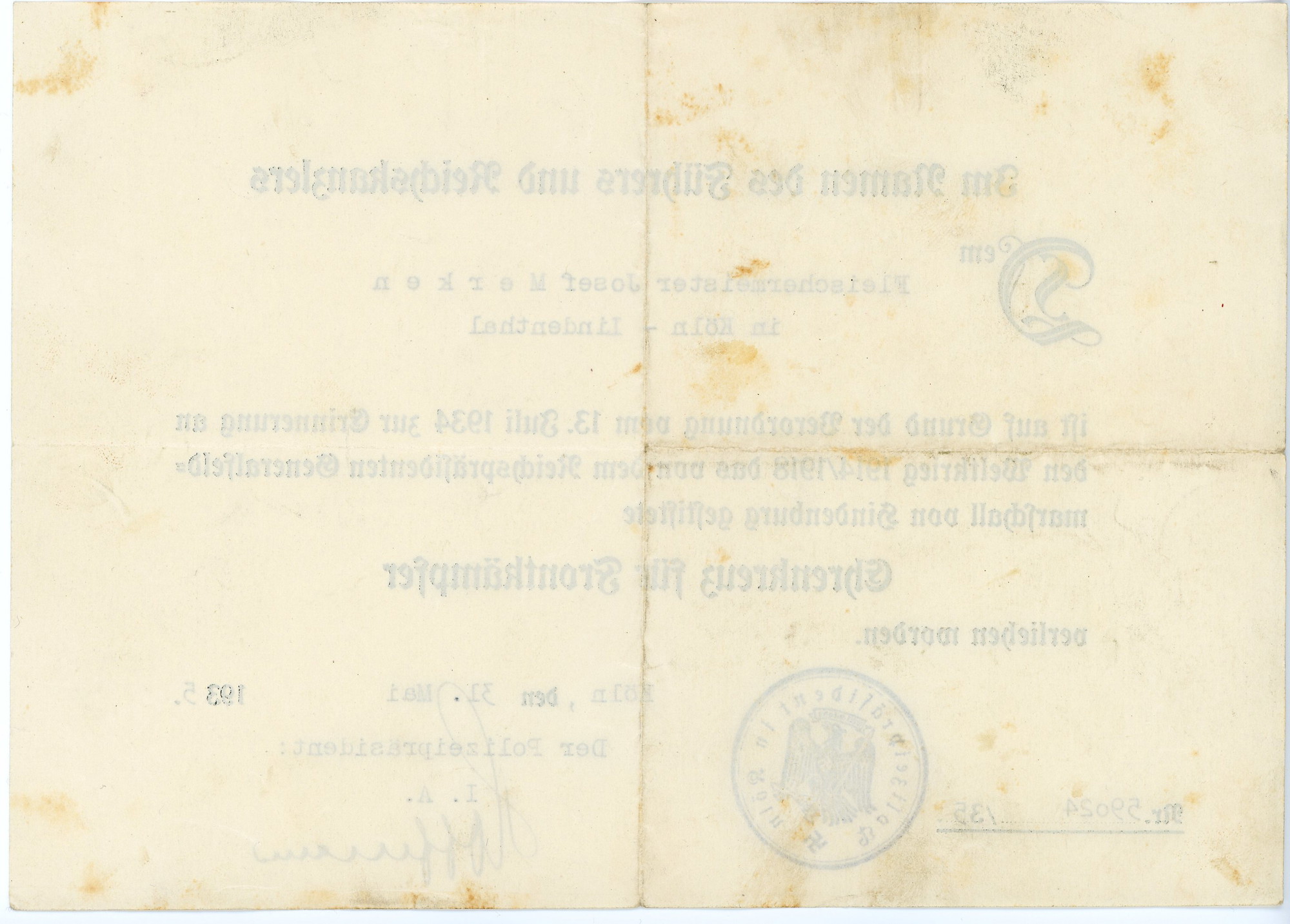 386 - Germany - Third Reich Award Certificate of Cross of Honor for Front-Line Combatants in WWI 1935