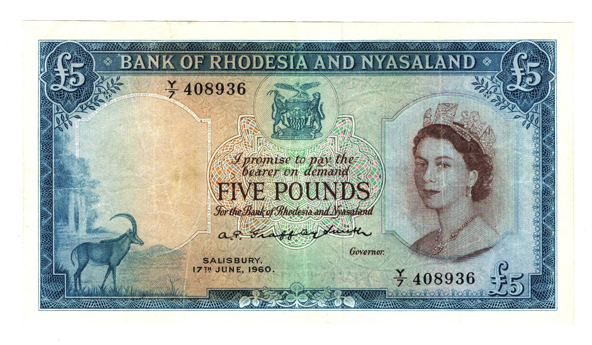 World Paper Money RHODESIA NYASALAND 10 Shillings 【現品限り一斉 