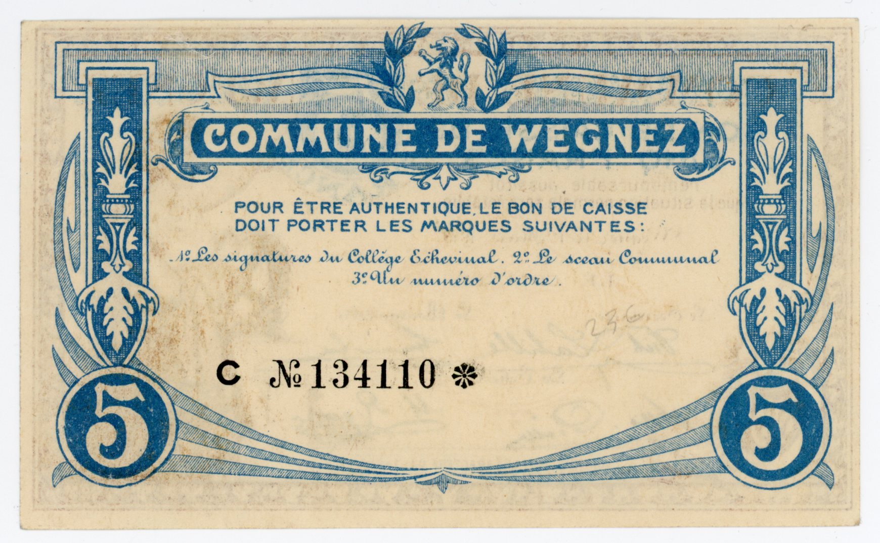 1962 - Belgium Wegnez 5 Francs 1915 Emergency Issue