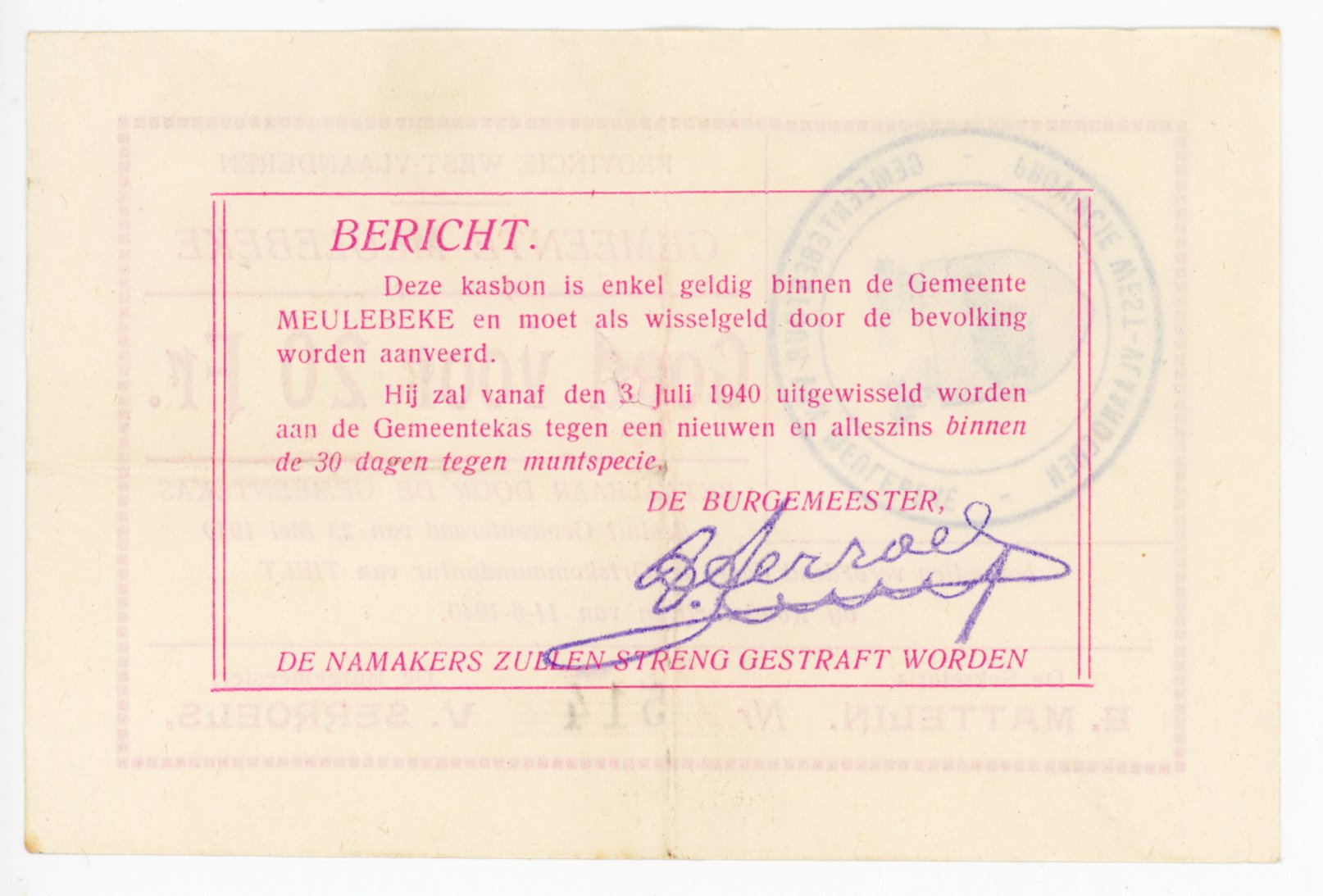 1964 - Belgium West Flanders, Meulebeke 20 Francs 1940 Notgeld