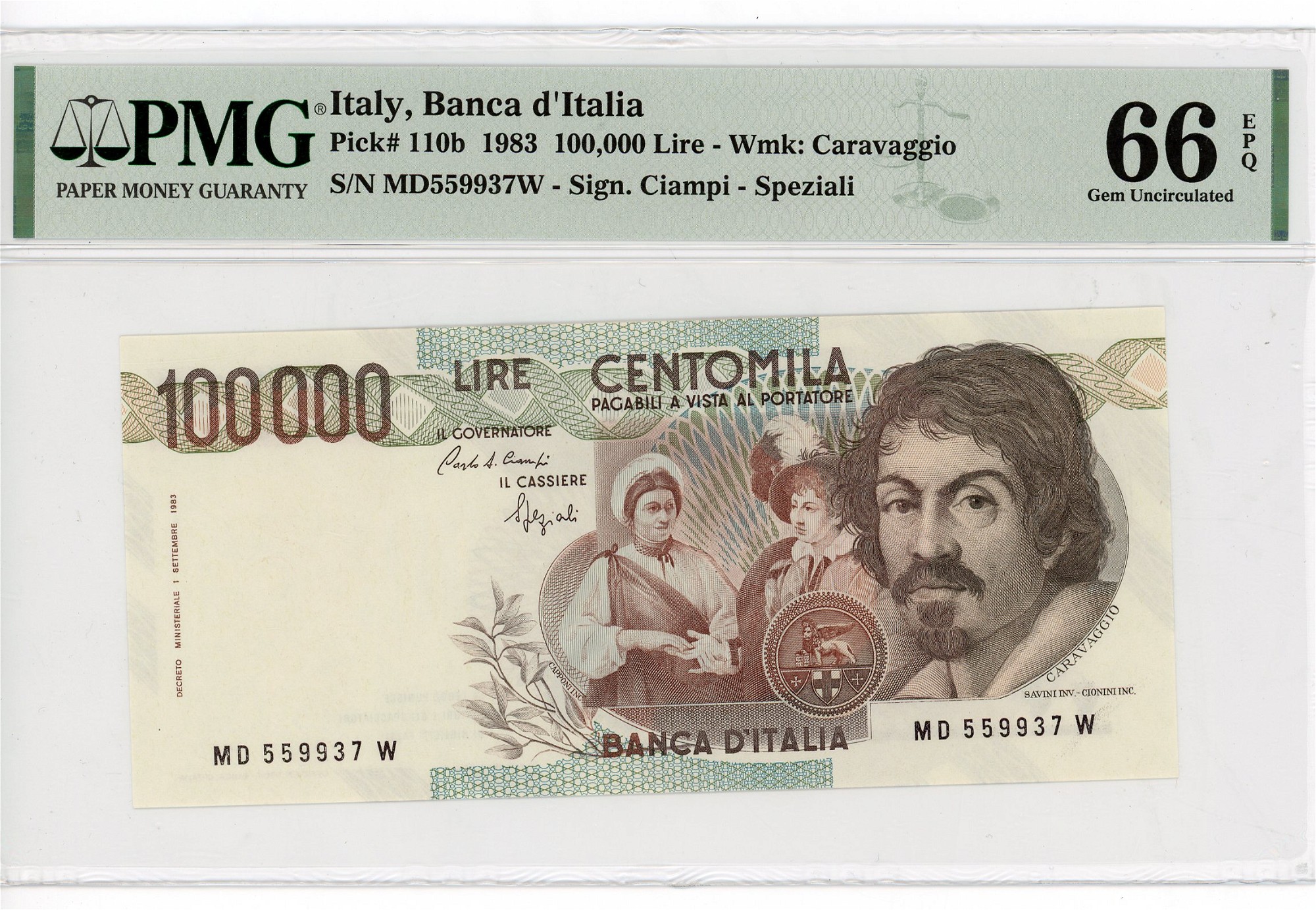PMG-66 Gem UNC Italy 100,000 Lire P-110b 1983 