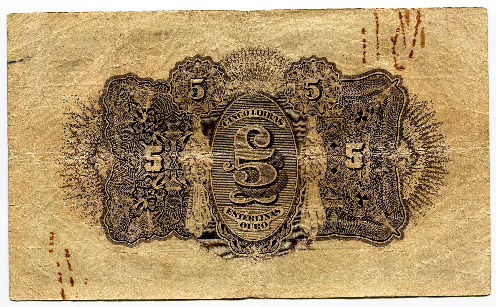 298 - Mozambique Companhía de Moçambique, Beira 5 Libras 1919 / 1942 Cancelled