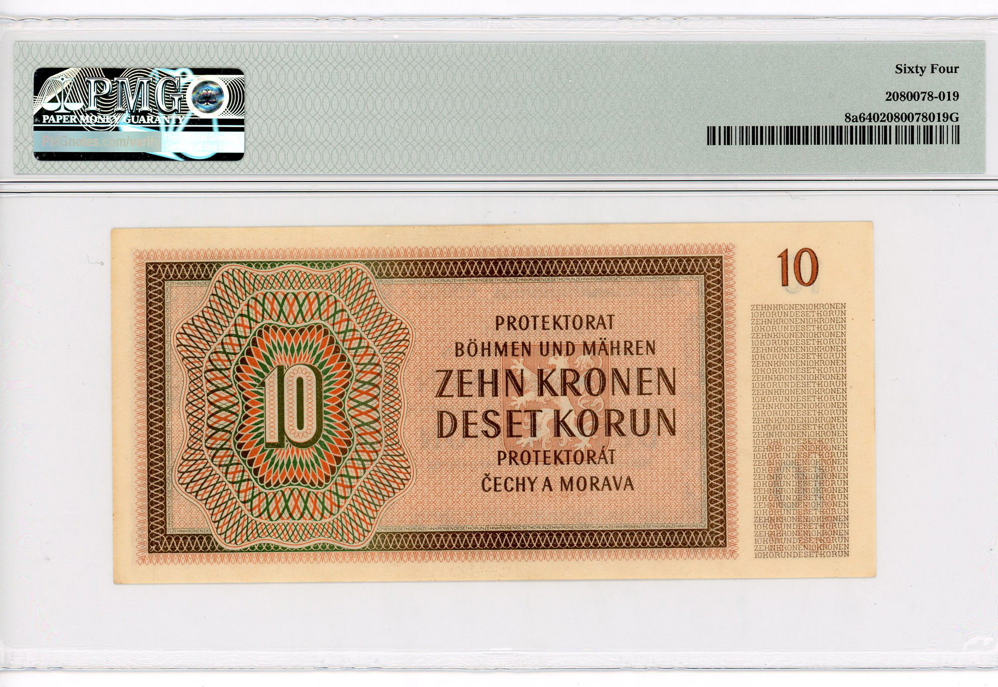 1770 - Bohemia & Moravia 10 Korun 1942 German Occupation PMG 64