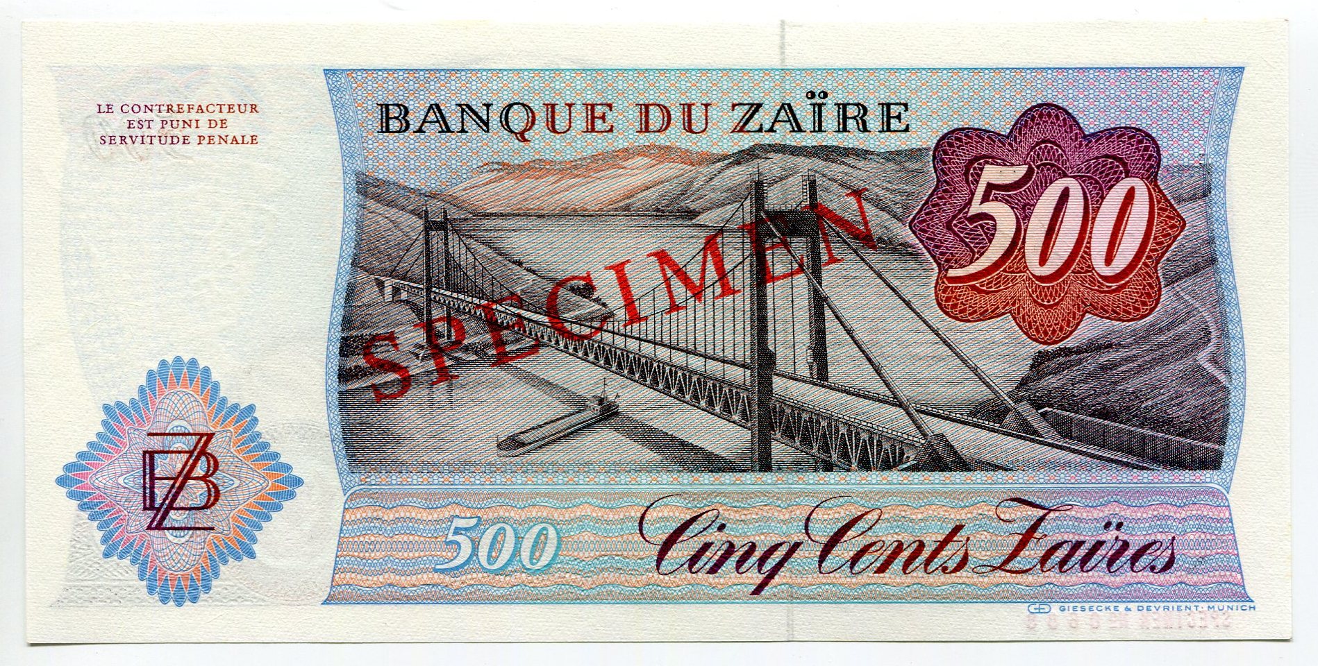 417 - Zaire 500 Zaires 1984 Specimen