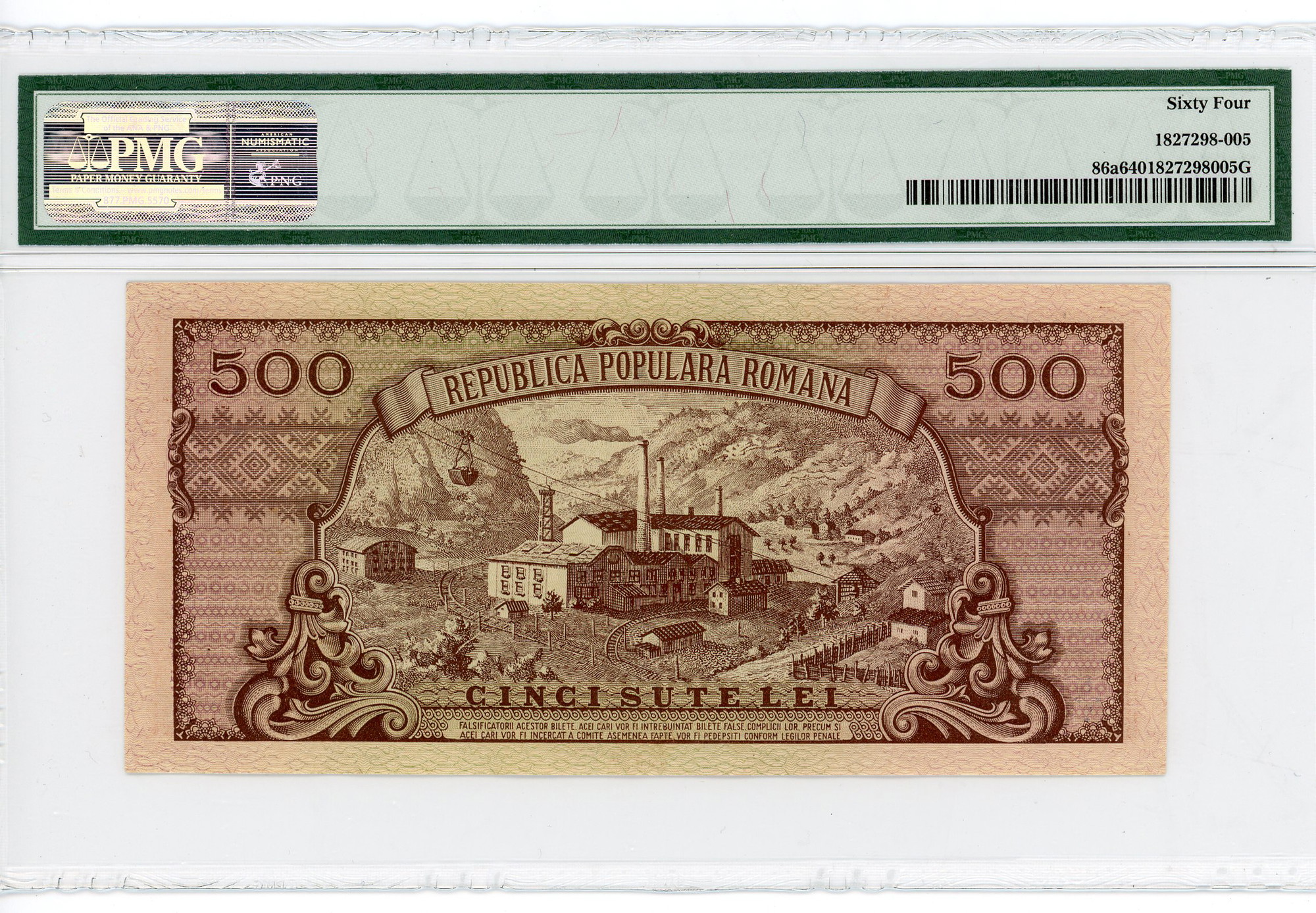2352 - Romania 500 Lei 1949 PMG 64