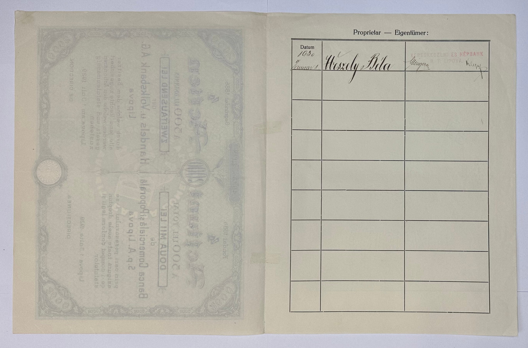 1308 - Romania Banca Comerciala si Poporala Sp 4 Shares for 2000 Lei 1929