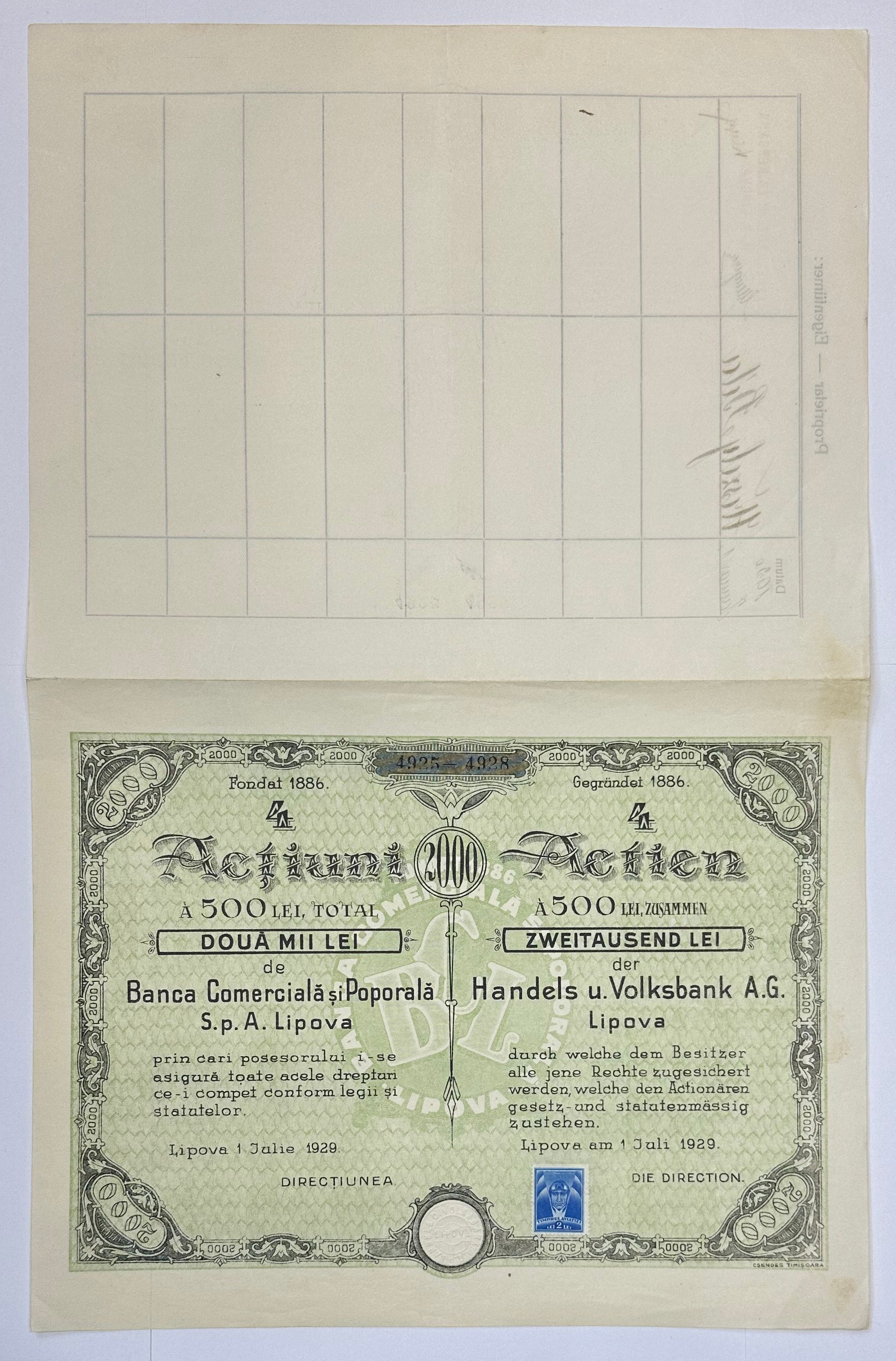1308 - Romania Banca Comerciala si Poporala Sp 4 Shares for 2000 Lei 1929