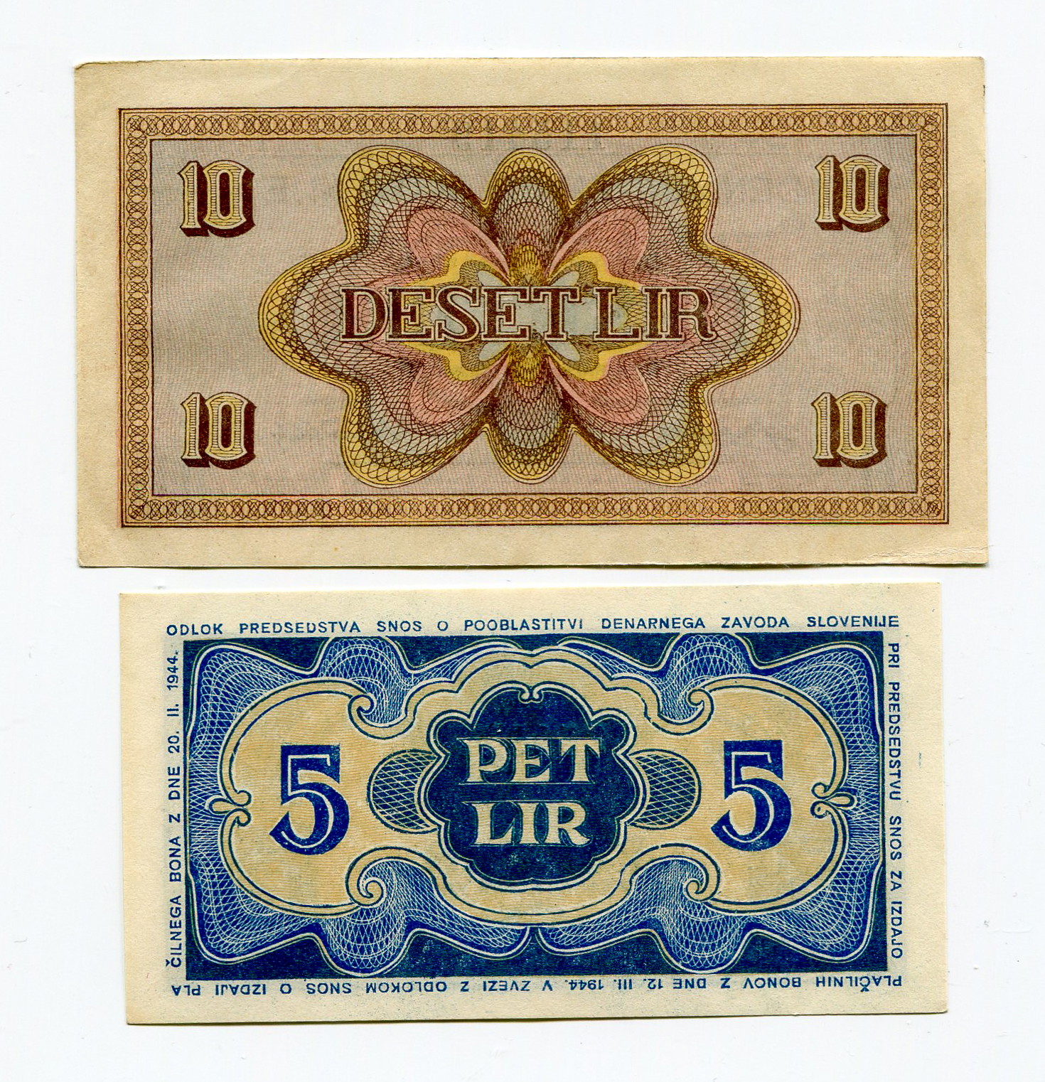 966 - Yugoslavia Monetary Bank of Slovenia 5 & 10 Lir 1944