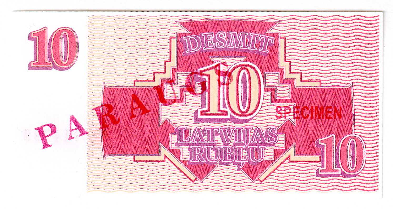 284 - Latvia 10 Roubles 1992 Specimen