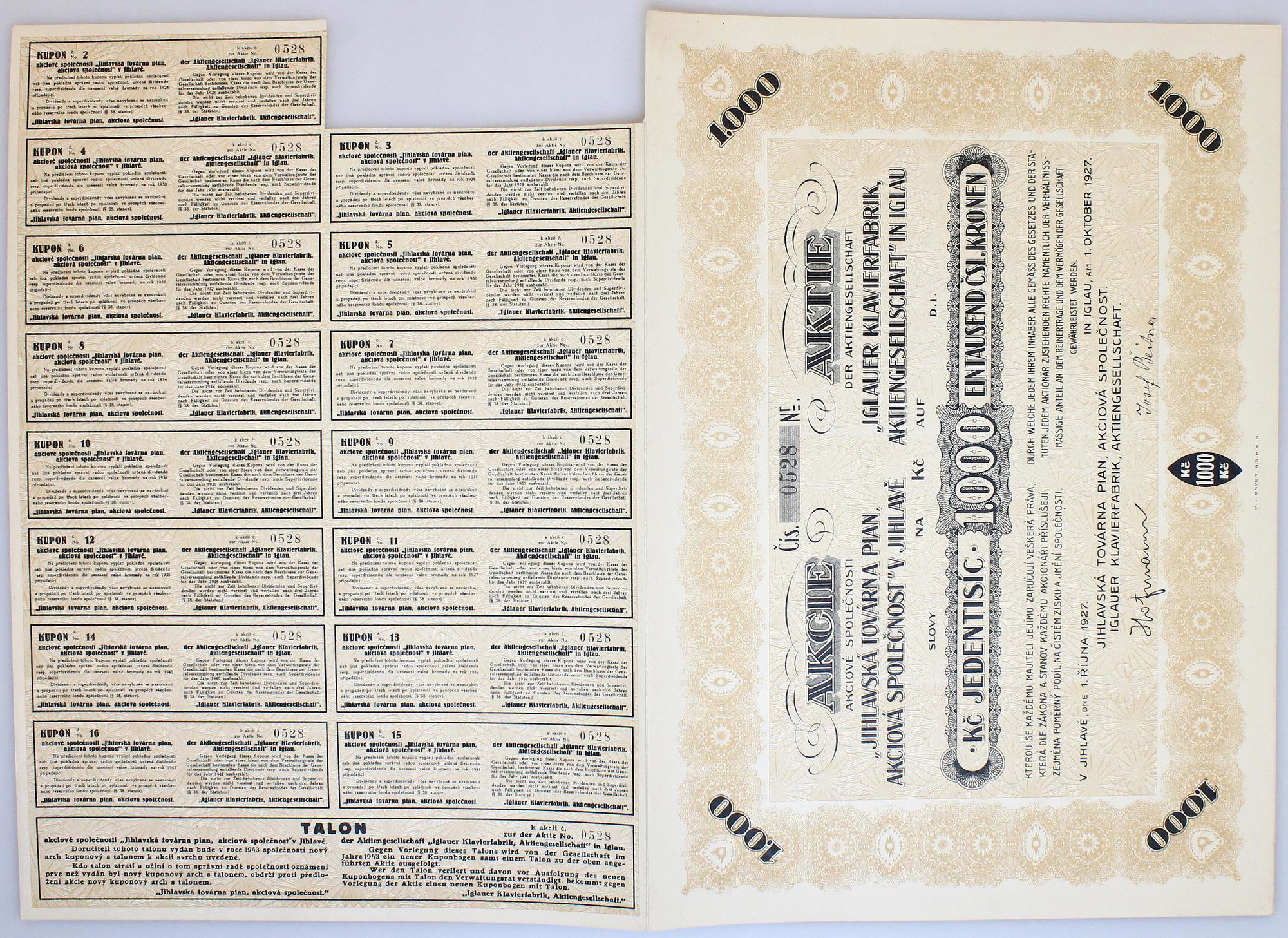 2714 - Czechoslovakia Share of Jihlava Piano Factory for 1000 Korun 1927