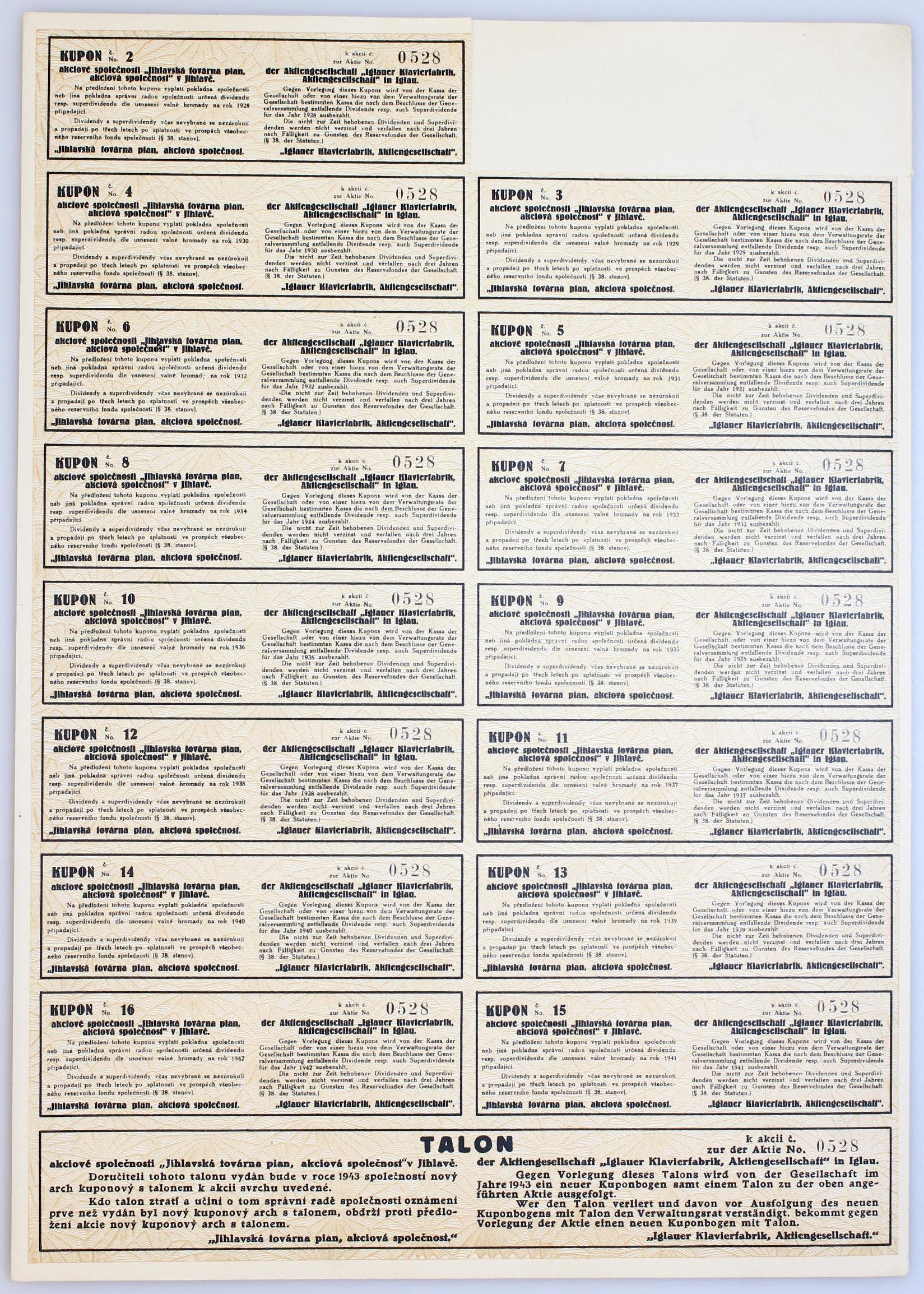 2714 - Czechoslovakia Share of Jihlava Piano Factory for 1000 Korun 1927