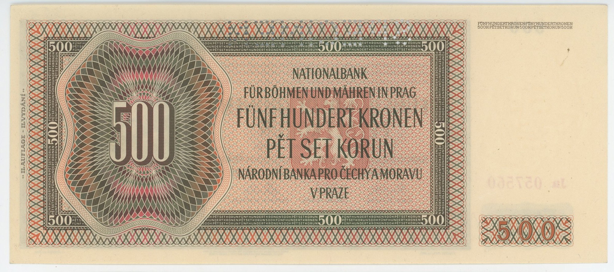 1245 - Bohemia & Moravia 500 Korun 1942 Specimen